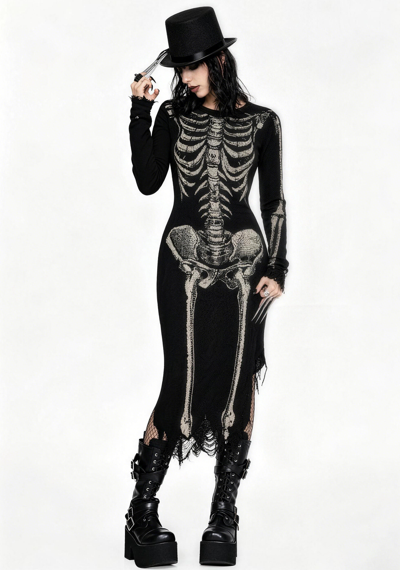 Distressed Grunge Skeleton Frayed Midi Dress