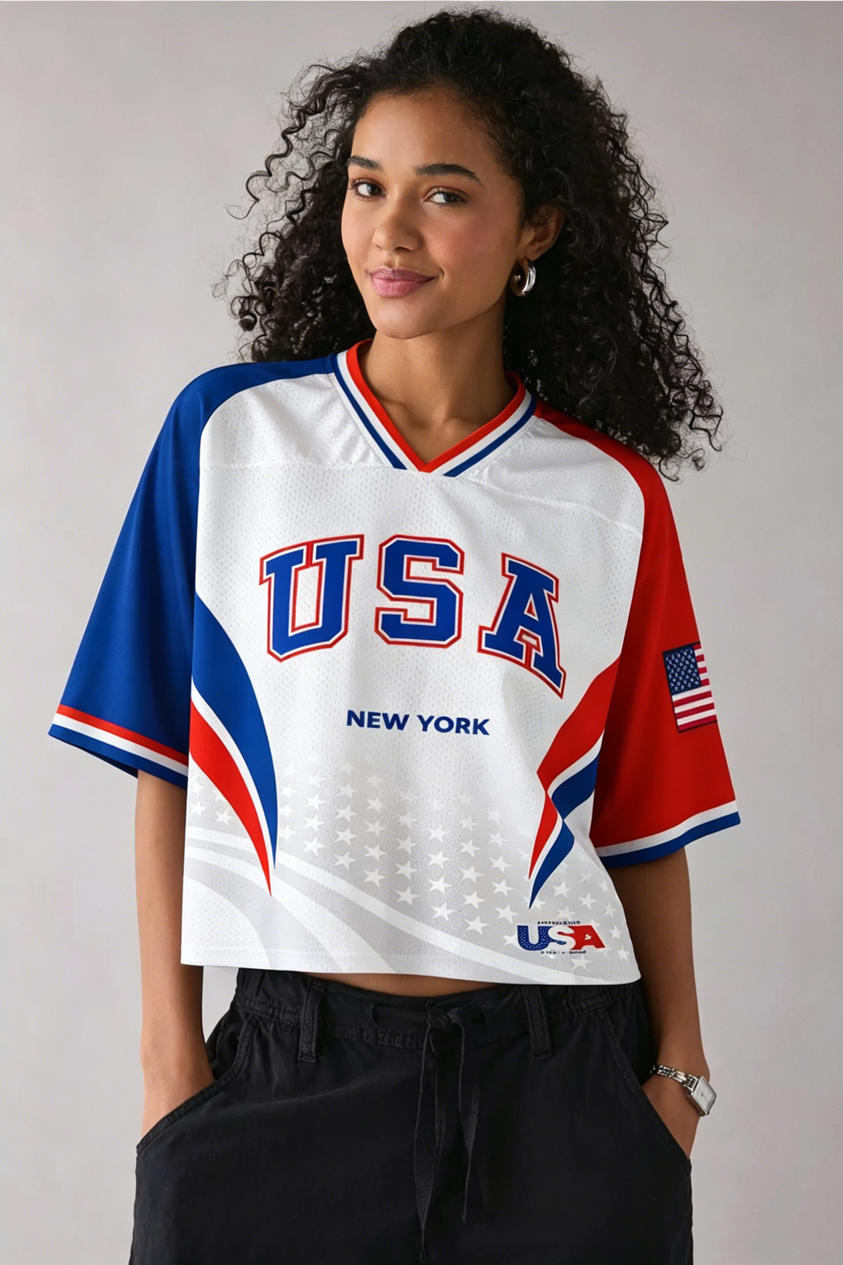 Red White Blue USA Graphic Cropped Mesh Jersey Shirt