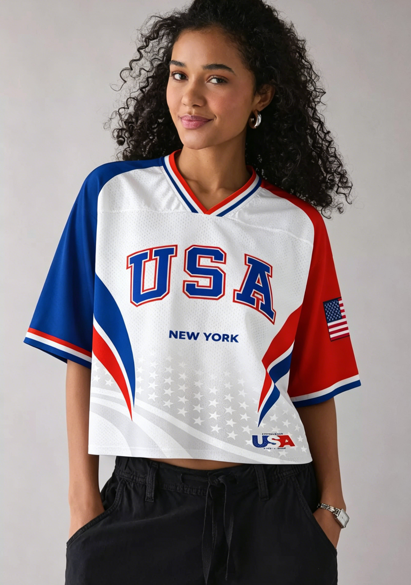 Red White Blue USA Graphic Cropped Mesh Jersey Shirt