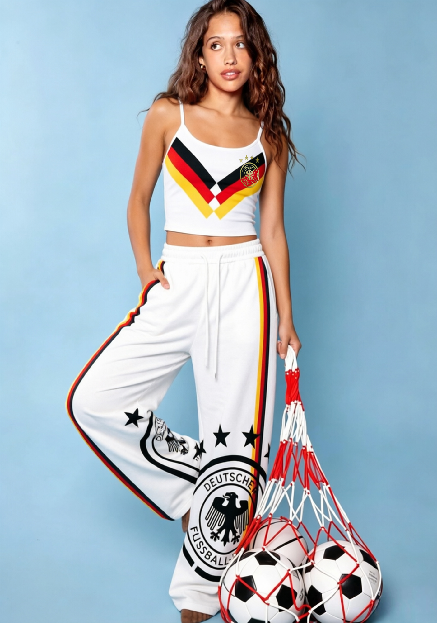 Germany DFB 4 Stars Flag Stripe Fan Tops & Elasticated Trousers Two-Piece Set