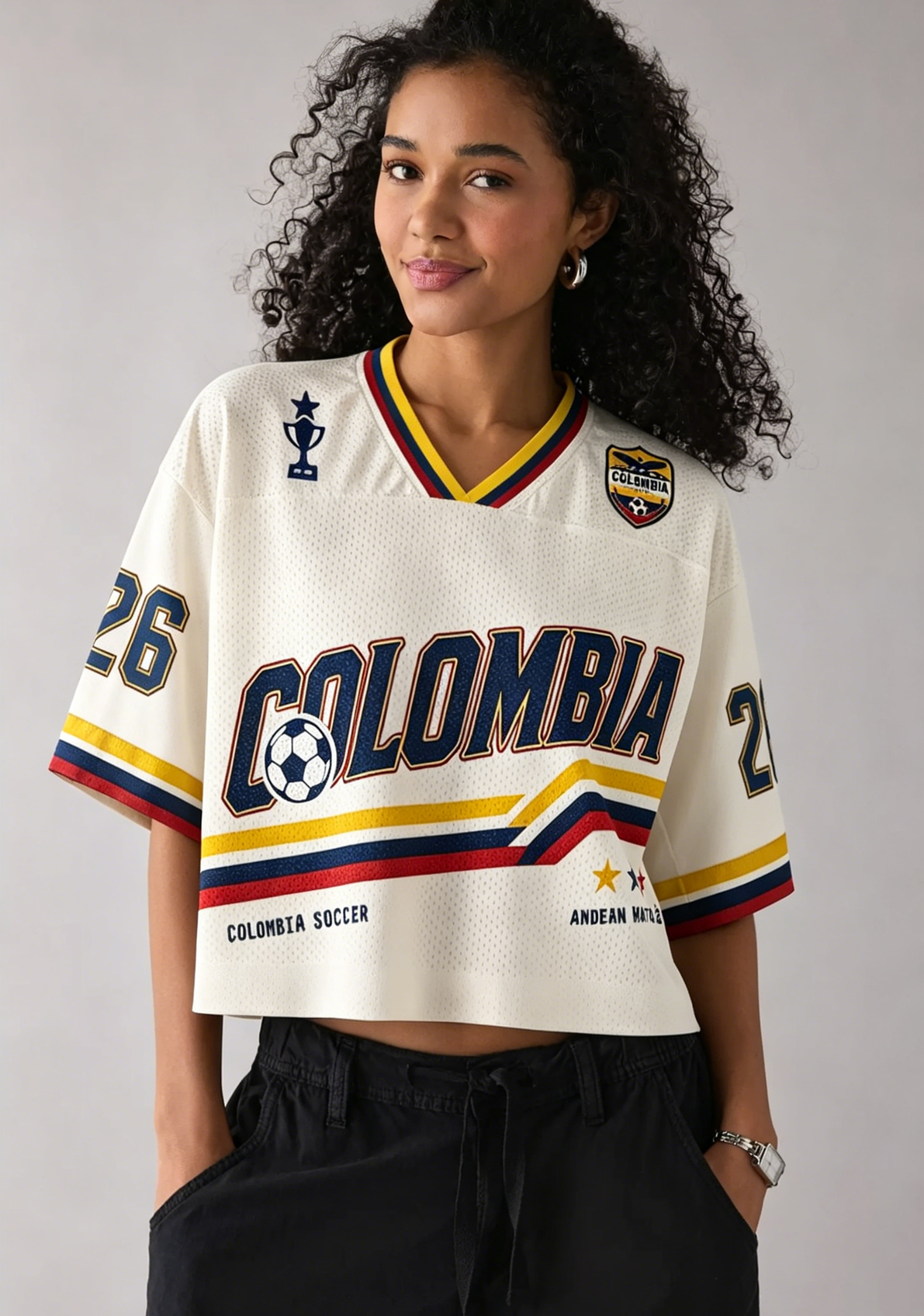 Retro Colombia Soccer Crest Striped Cropped Mesh Jersey Shirt