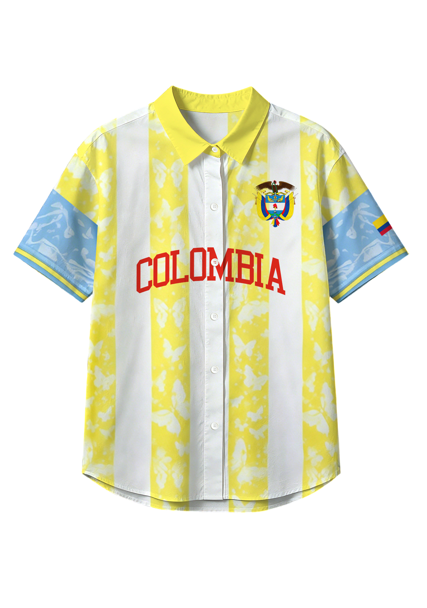 Colombia Butterfly Print Striped Button Up Hawaiian Shirt