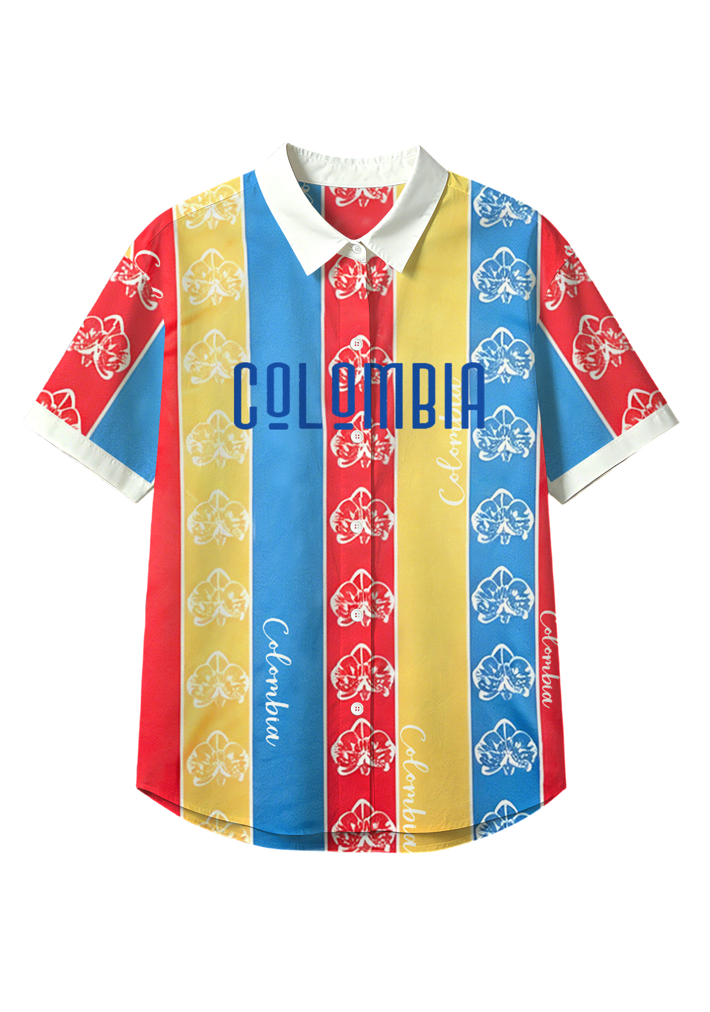 Colombian Flag Color Floral Button Up Hawaiian Shirt