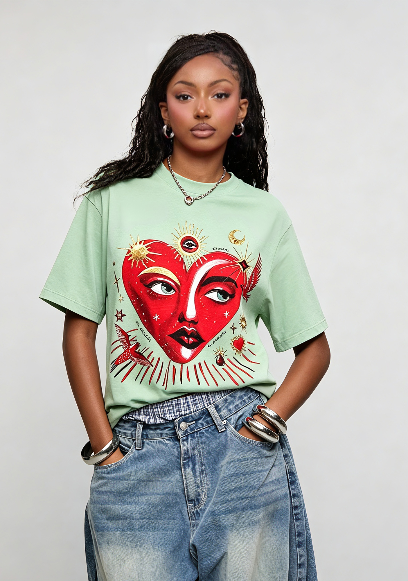 Sun Moon Star Bird Mystical Art Graphic T-Shirt
