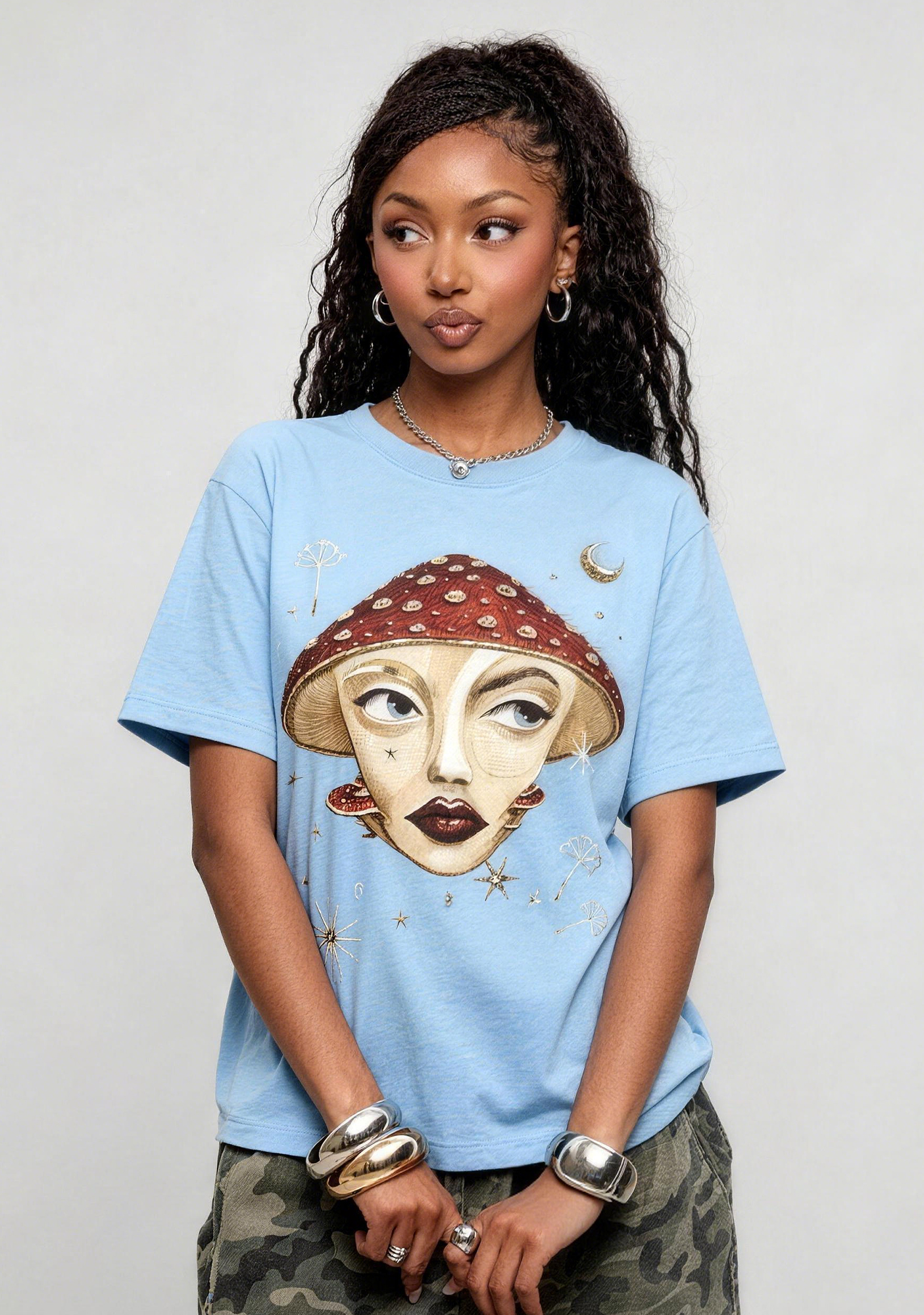 Mystical Mushroom Face Moon Star Whimsical Art Graphic T-Shirt