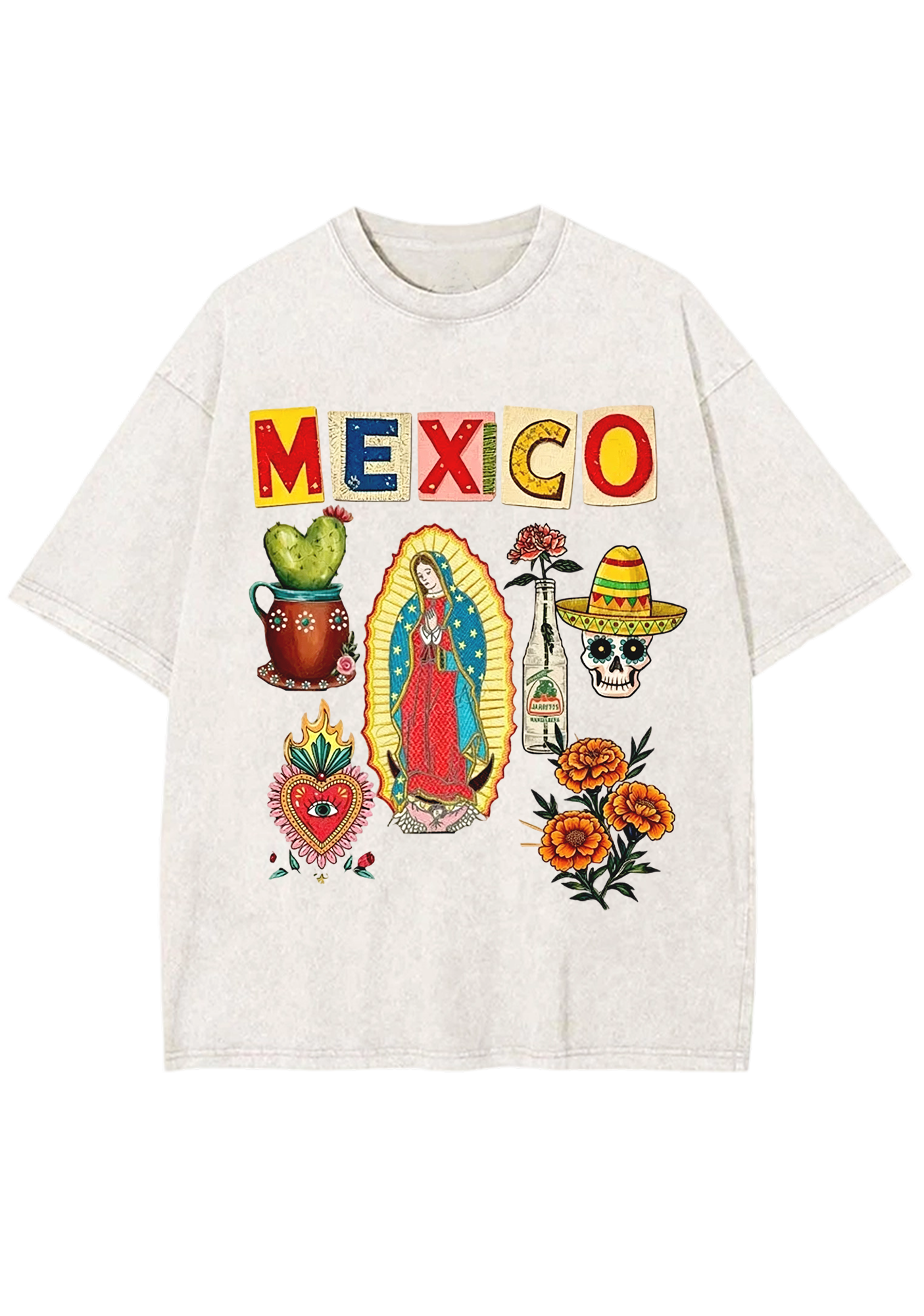 Mexico Folk Culture Collage Cutout Letter Washed Tee