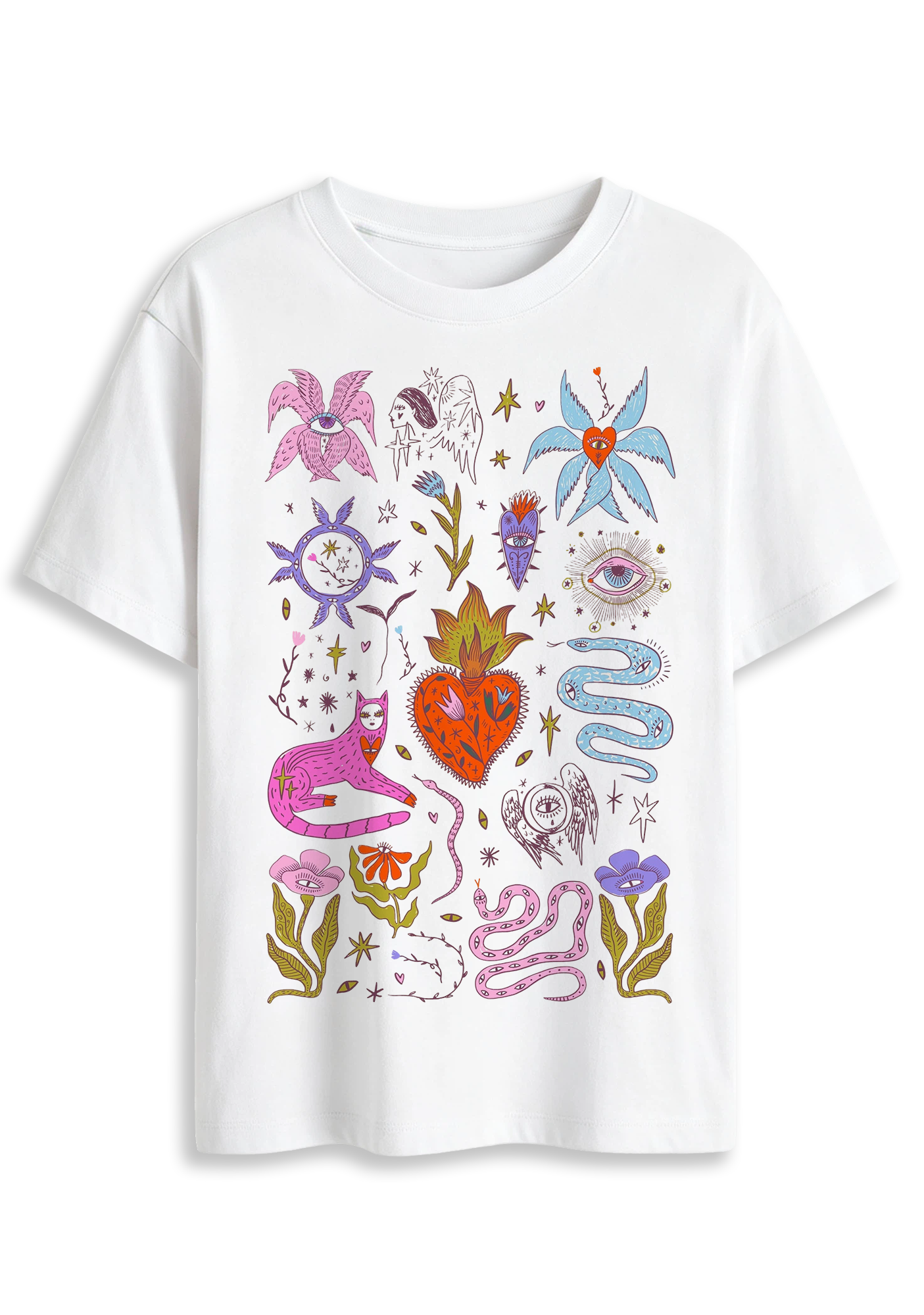 Mystical Cat Snake Sacred Heart Evil Eye Floral Retro Witchy Graphic T-Shirt
