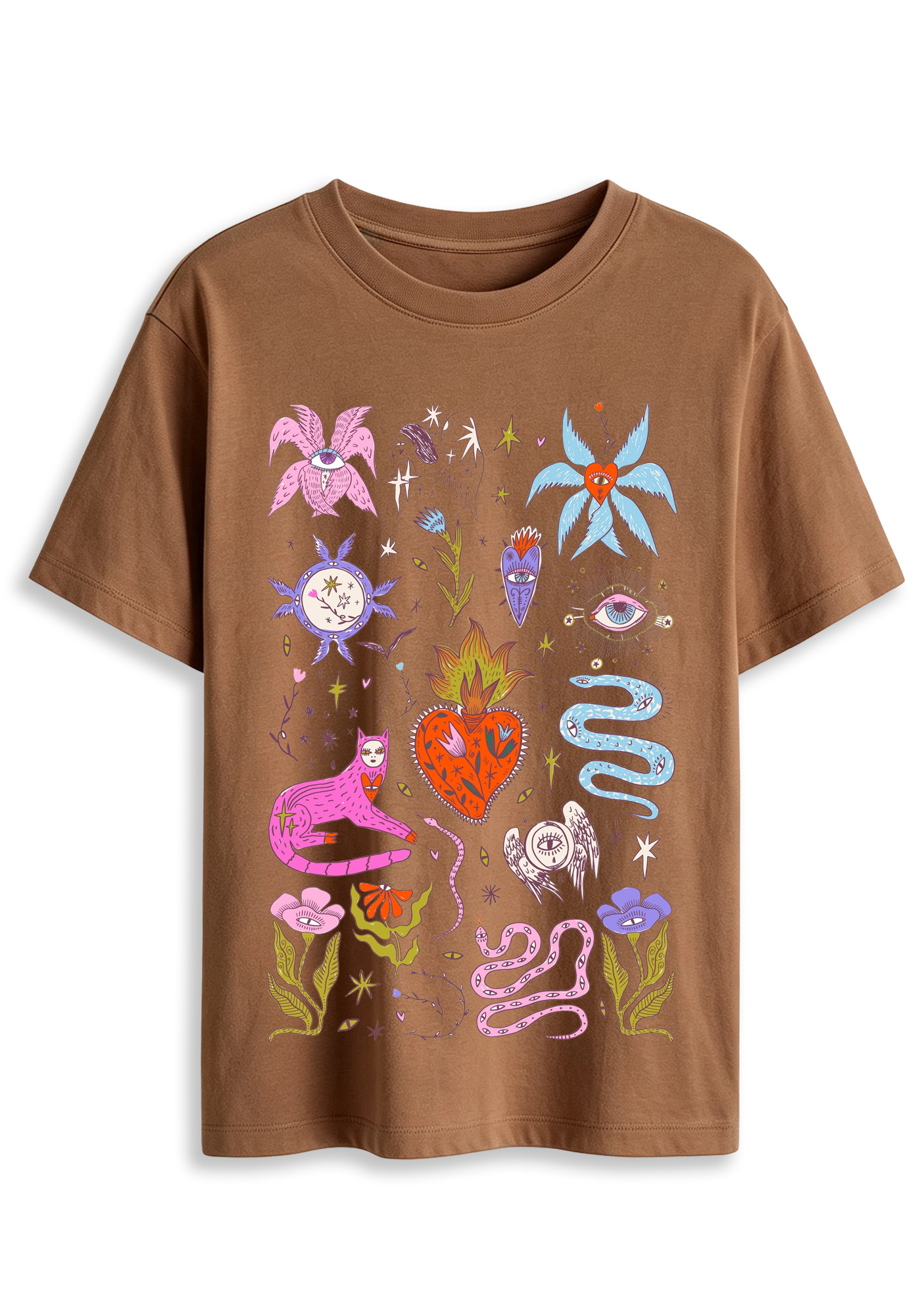 Mystical Cat Snake Sacred Heart Evil Eye Floral Retro Witchy Graphic T-Shirt