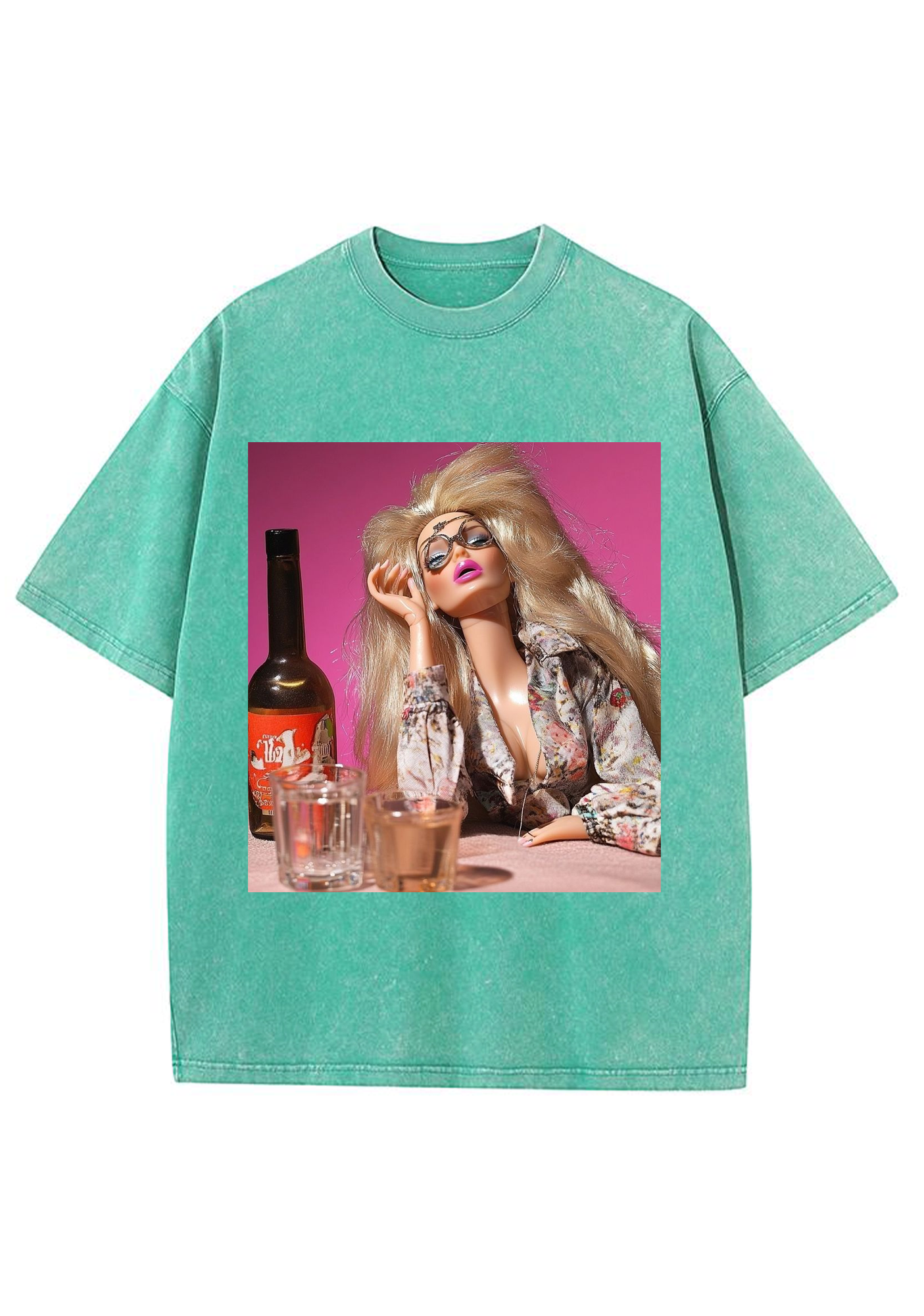 Boozy Retro Blonde Barbie Pink Background Y2K Washed Tee