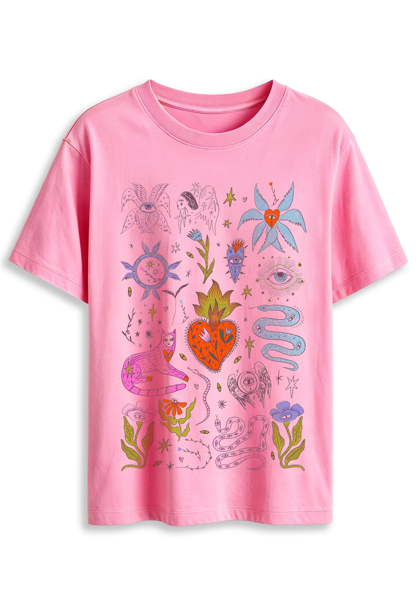 Mystical Cat Snake Sacred Heart Evil Eye Floral Retro Witchy Graphic T-Shirt