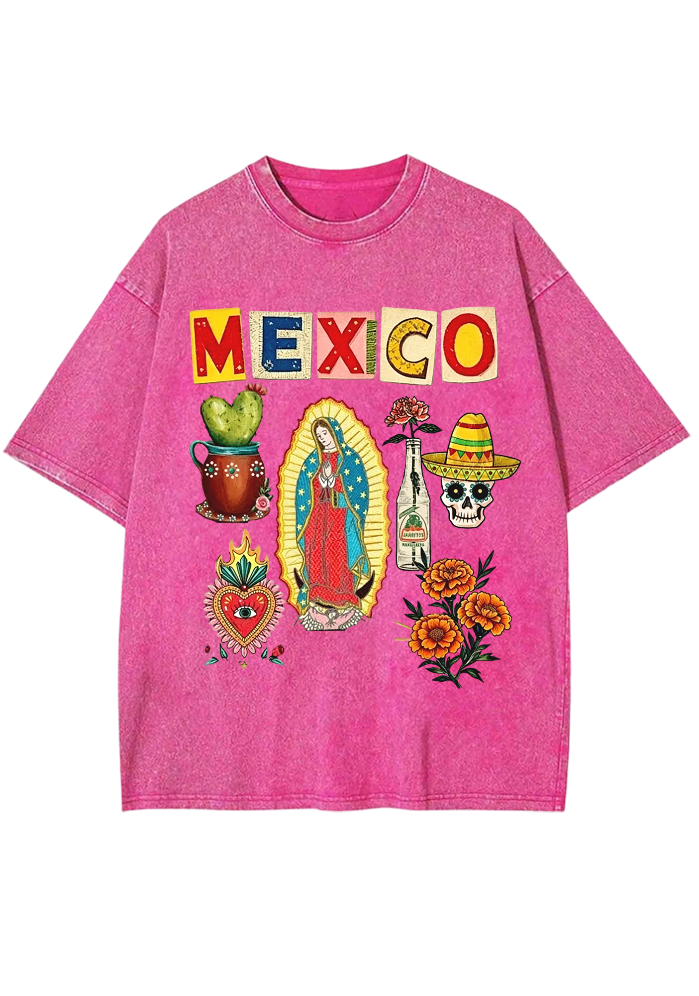 Mexico Folk Culture Collage Cutout Letter Washed Tee