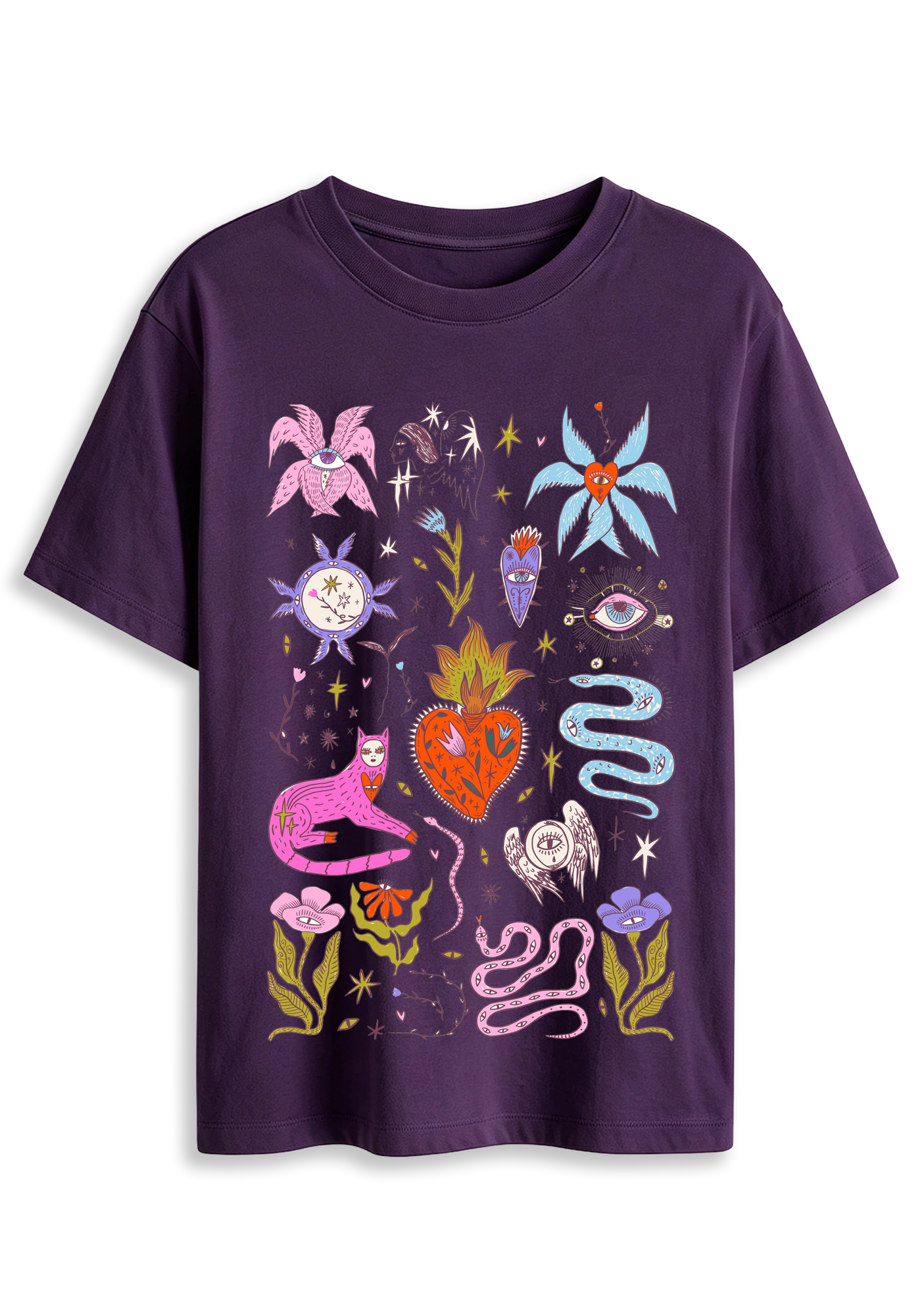 Mystical Cat Snake Sacred Heart Evil Eye Floral Retro Witchy Graphic T-Shirt