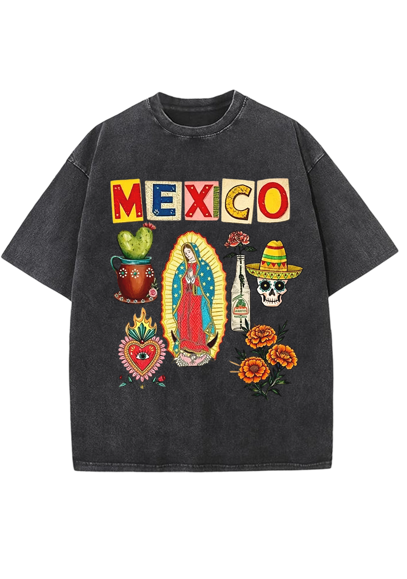 Mexico Folk Culture Collage Cutout Letter Washed Tee