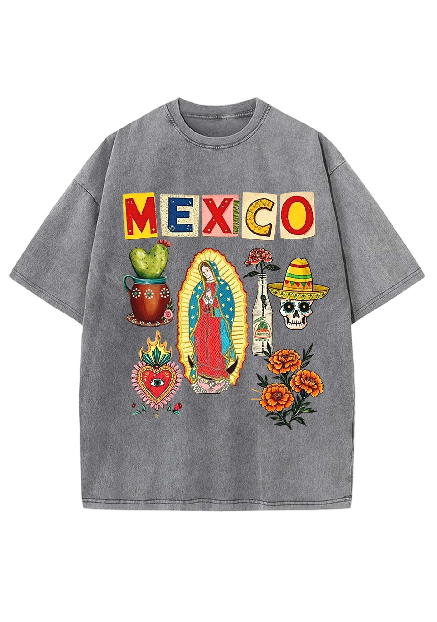 Mexico Folk Culture Collage Cutout Letter Washed Tee
