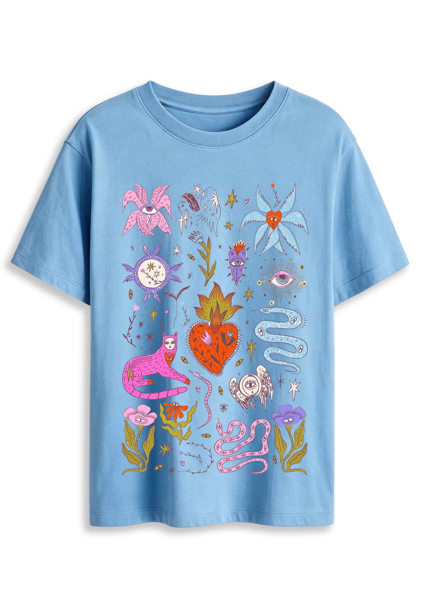Mystical Cat Snake Sacred Heart Evil Eye Floral Retro Witchy Graphic T-Shirt