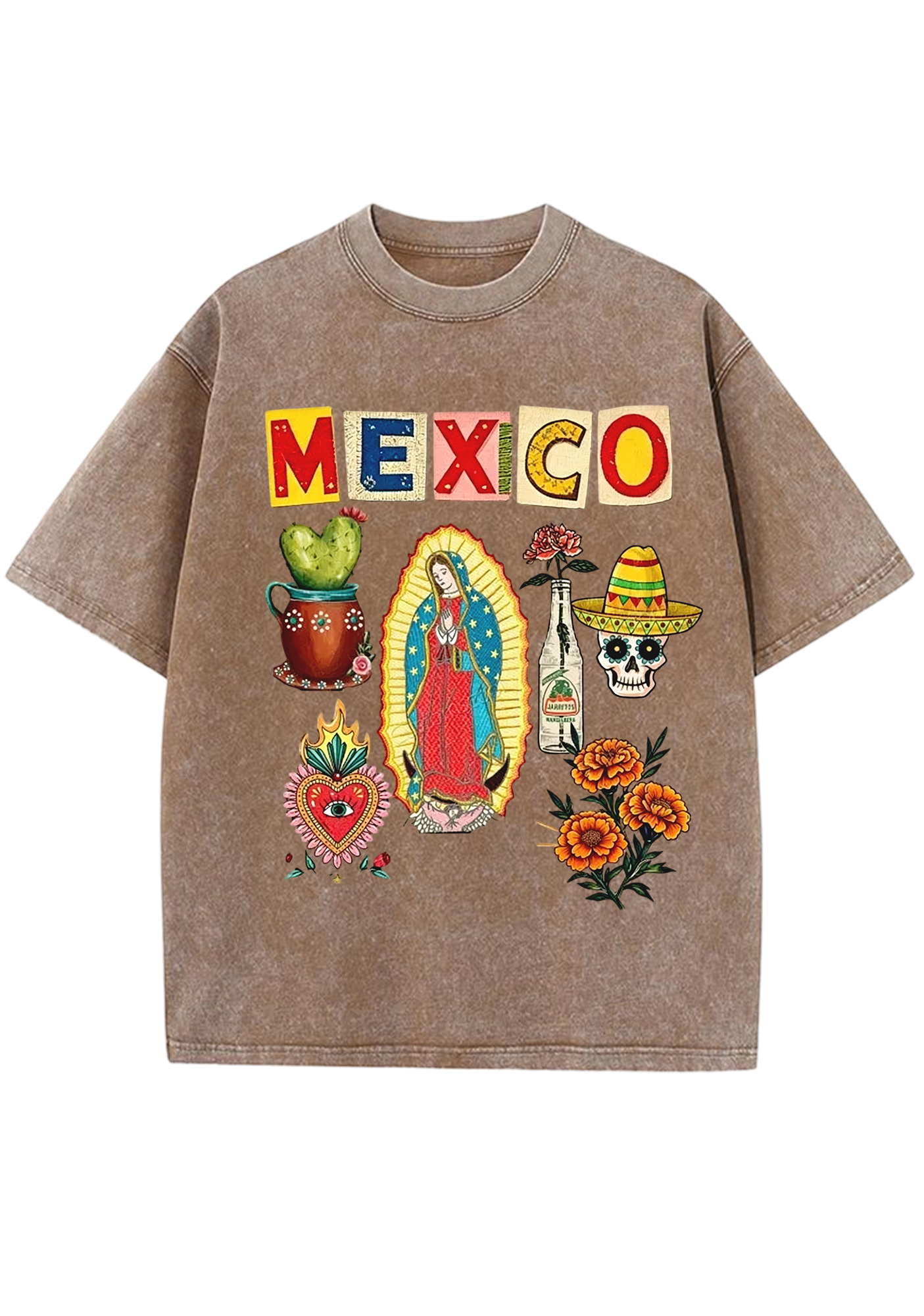 Mexico Folk Culture Collage Cutout Letter Washed Tee
