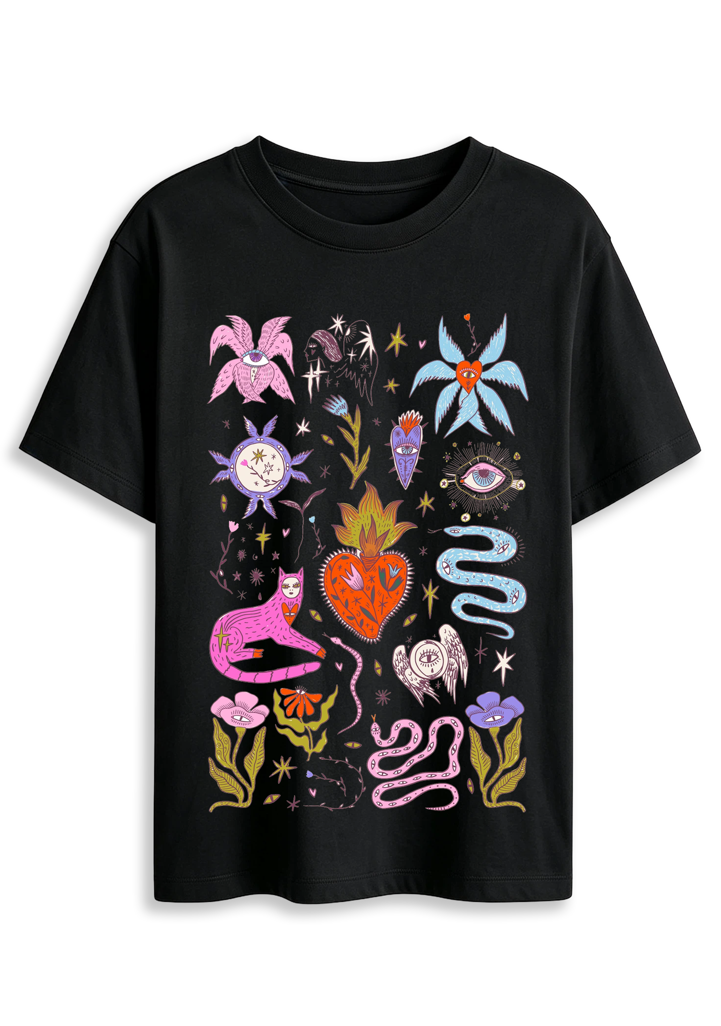 Mystical Cat Snake Sacred Heart Evil Eye Floral Retro Witchy Graphic T-Shirt