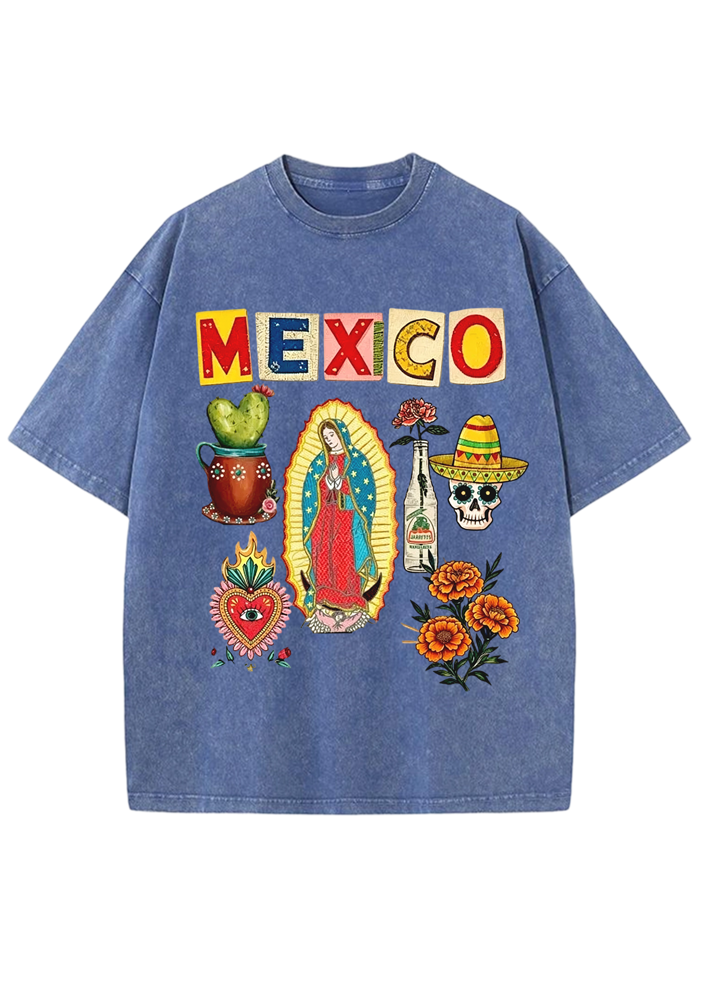 Mexico Folk Culture Collage Cutout Letter Washed Tee