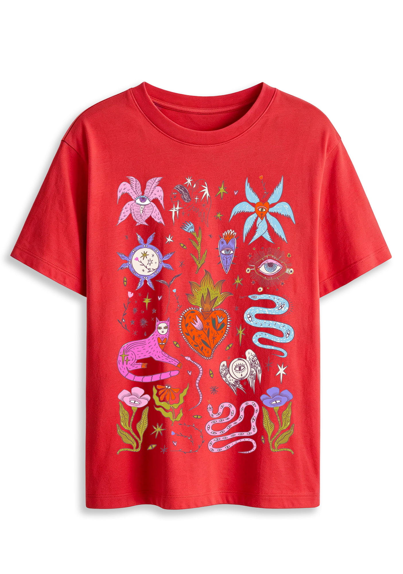 Mystical Cat Snake Sacred Heart Evil Eye Floral Retro Witchy Graphic T-Shirt