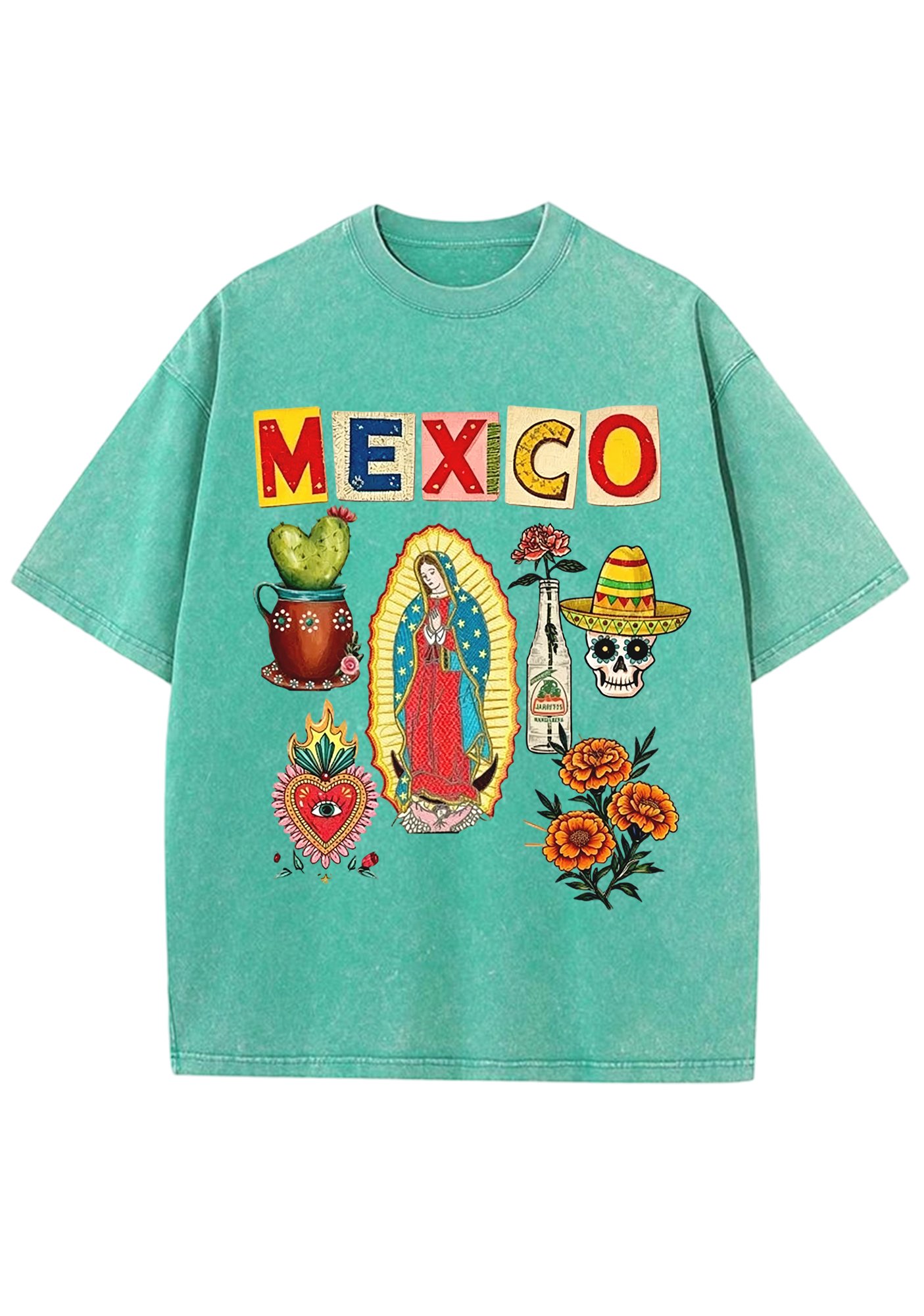 Mexico Folk Culture Collage Cutout Letter Washed Tee