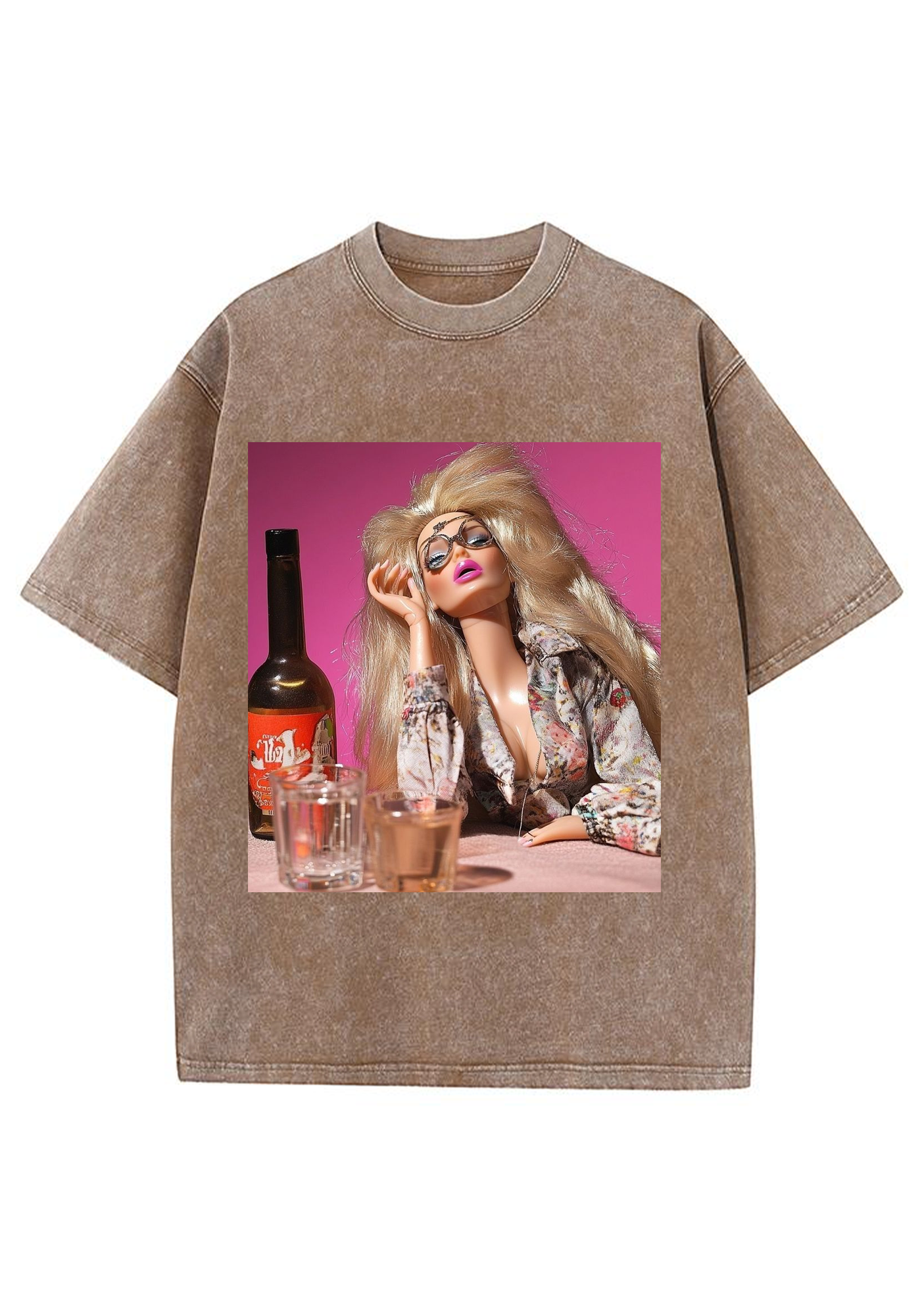 Boozy Retro Blonde Barbie Pink Background Y2K Washed Tee