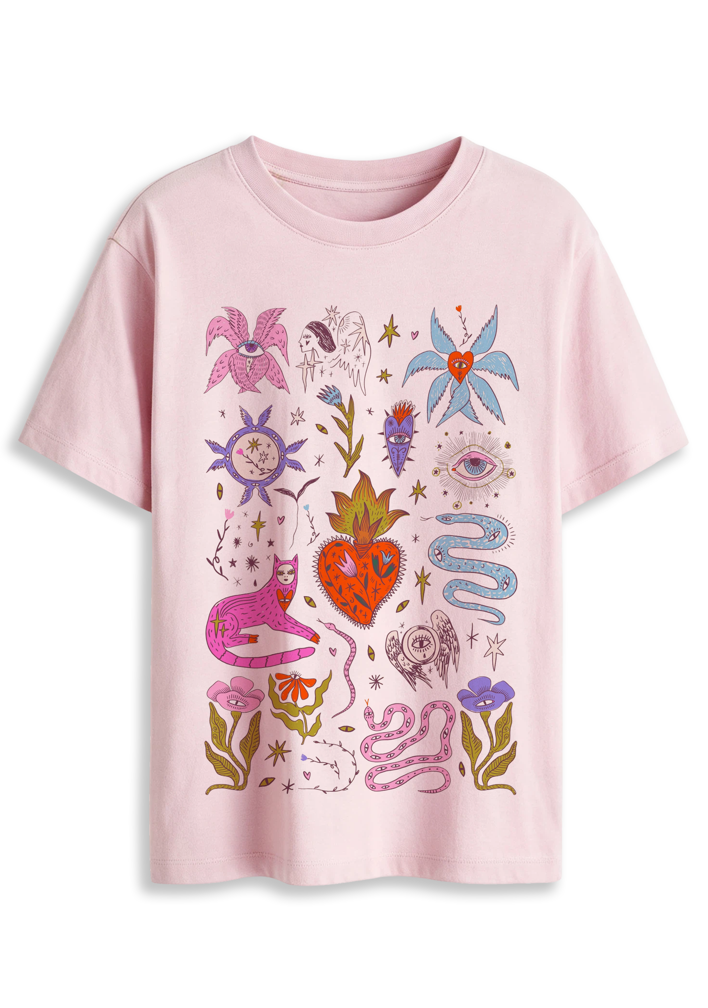 Mystical Cat Snake Sacred Heart Evil Eye Floral Retro Witchy Graphic T-Shirt
