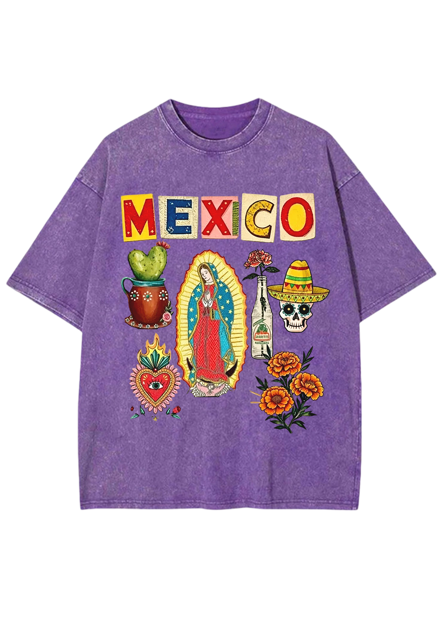 Mexico Folk Culture Collage Cutout Letter Washed Tee
