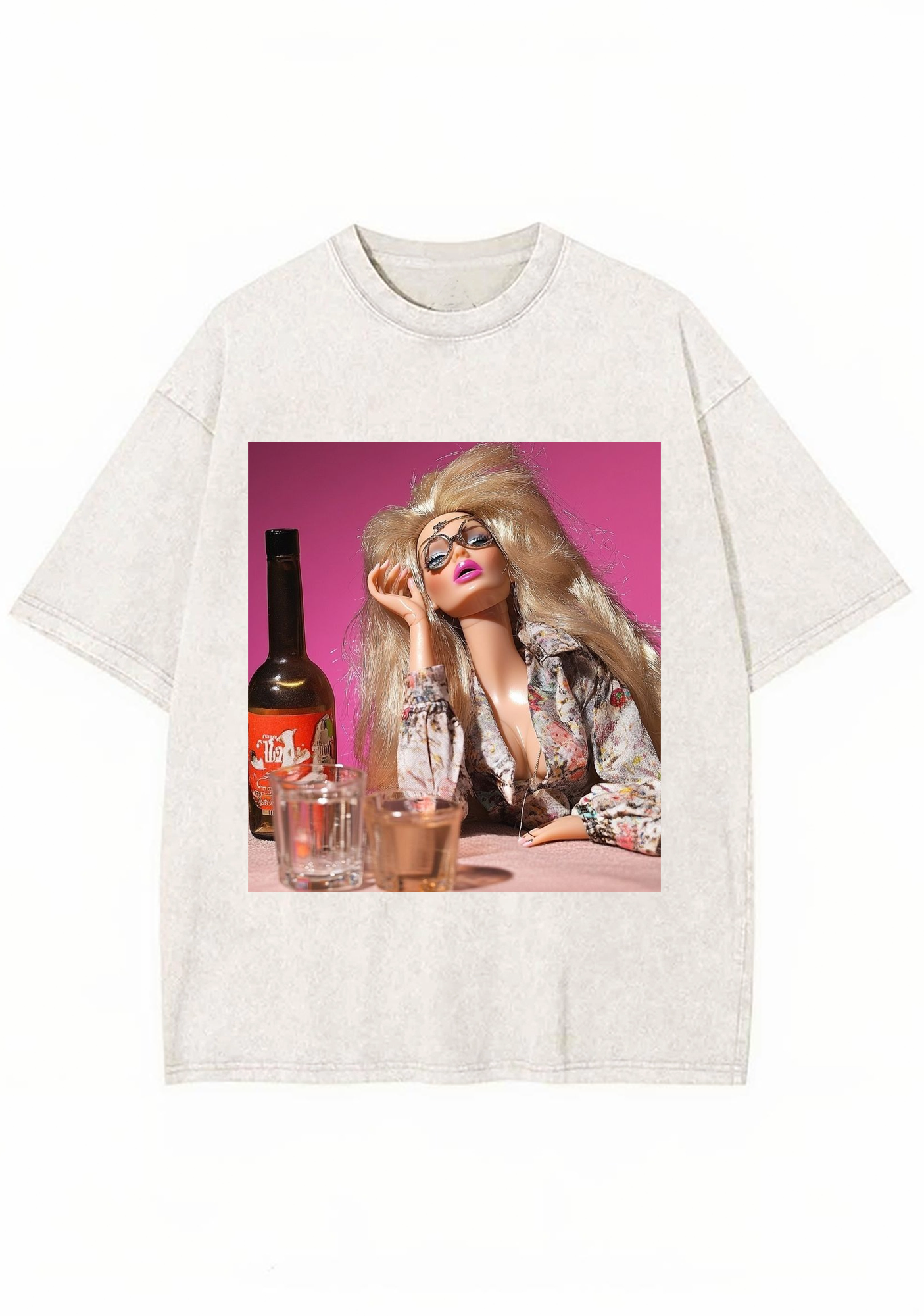 Boozy Retro Blonde Barbie Pink Background Y2K Washed Tee