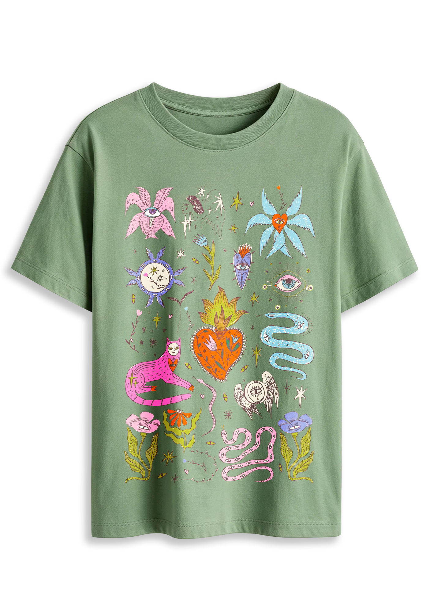 Mystical Cat Snake Sacred Heart Evil Eye Floral Retro Witchy Graphic T-Shirt