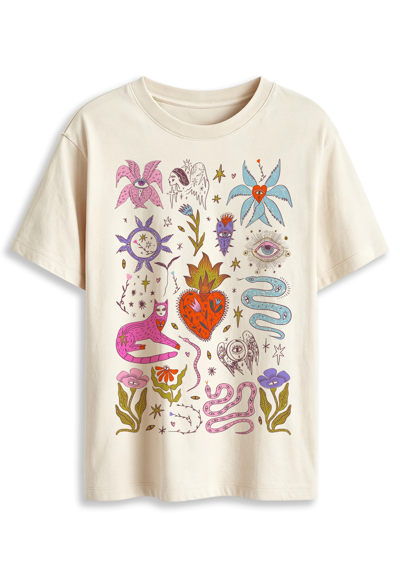 Mystical Cat Snake Sacred Heart Evil Eye Floral Retro Witchy Graphic T-Shirt