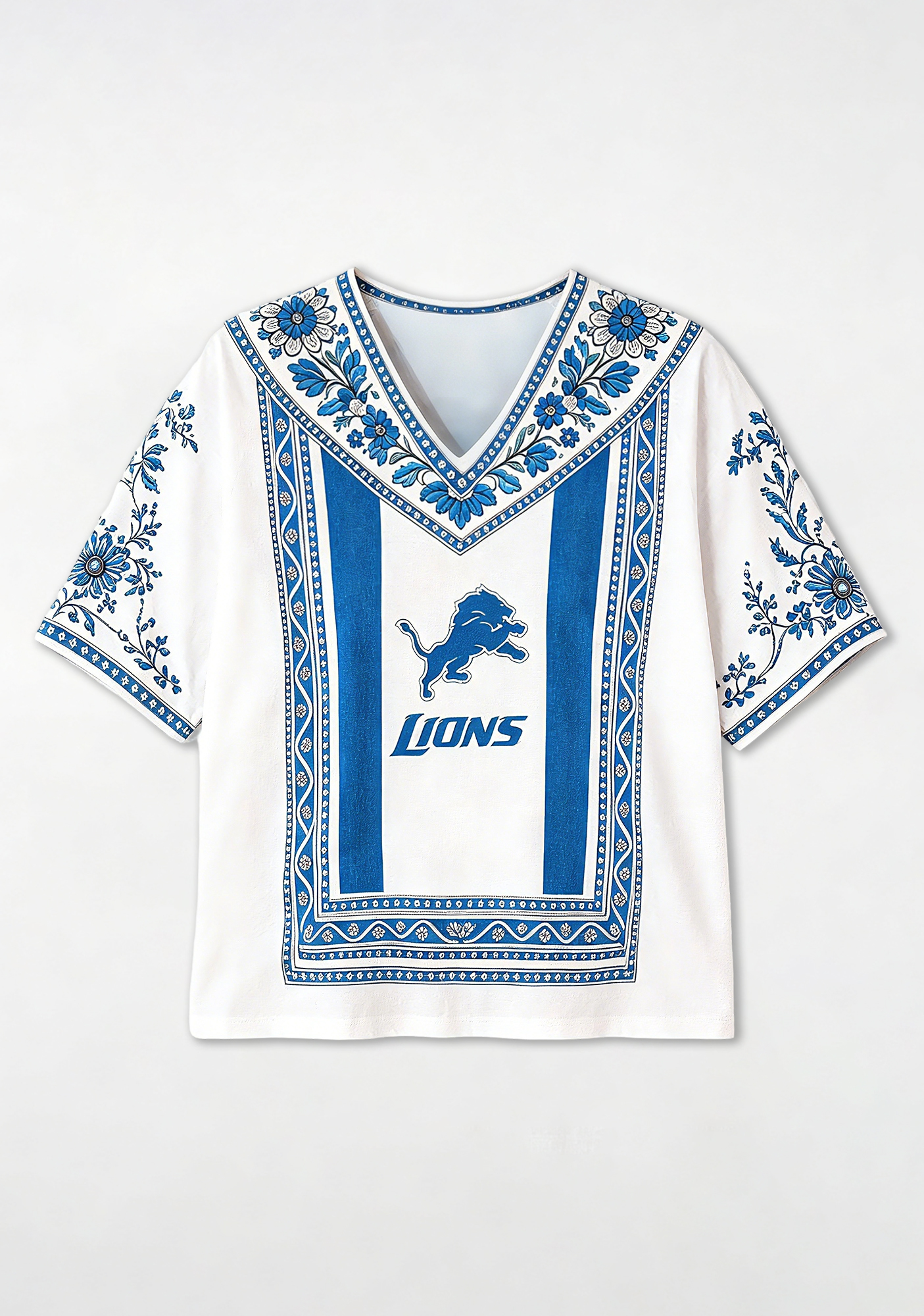 Boho Blue Floral Detroit Lions V-Neck Blouse