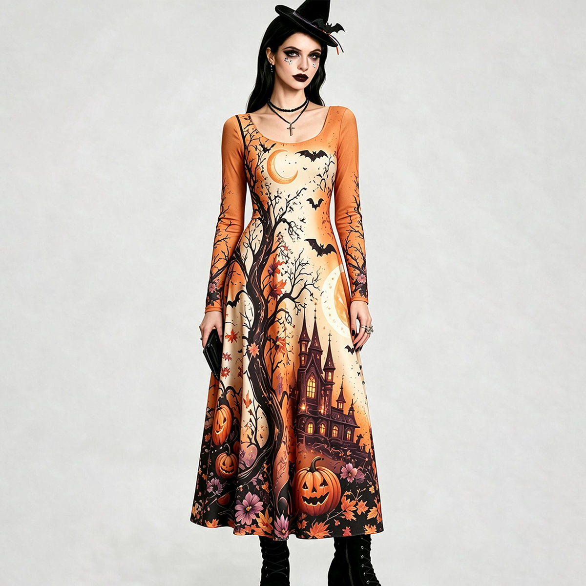 Spooky Pumpkin Castle Halloween Maxi Dress