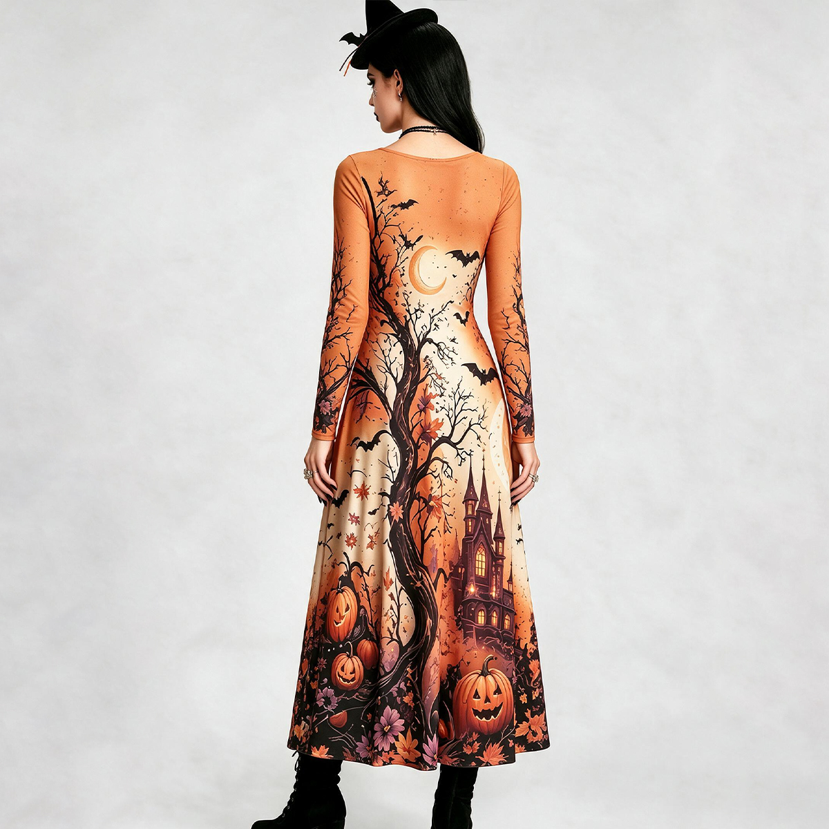 Spooky Pumpkin Castle Halloween Maxi Dress