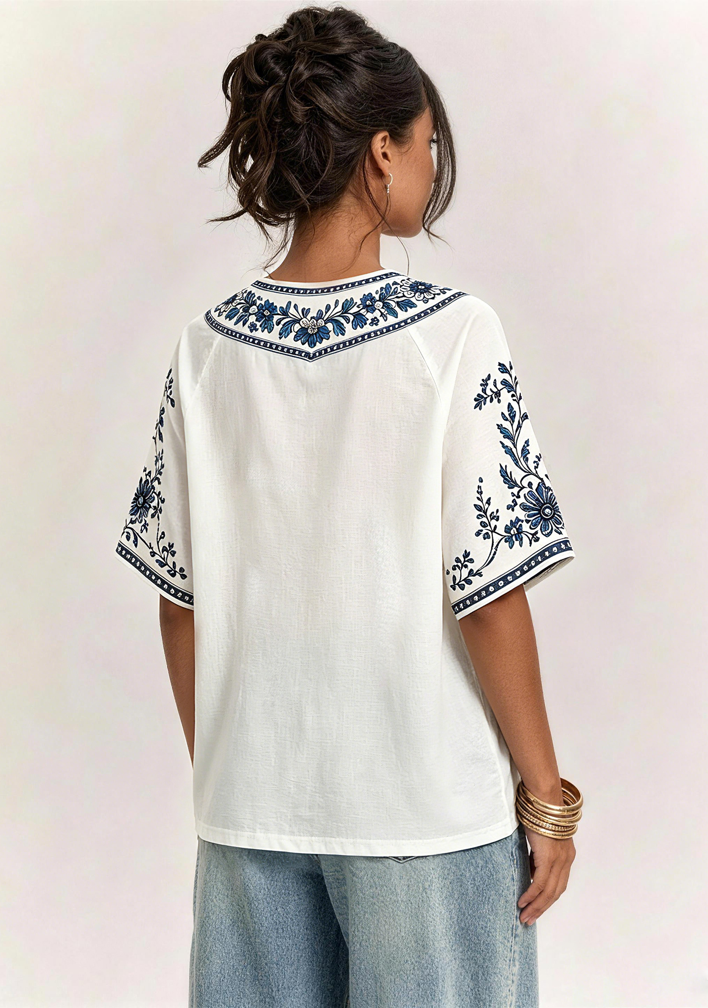 Boho Blue Floral Detroit Lions V-Neck Blouse