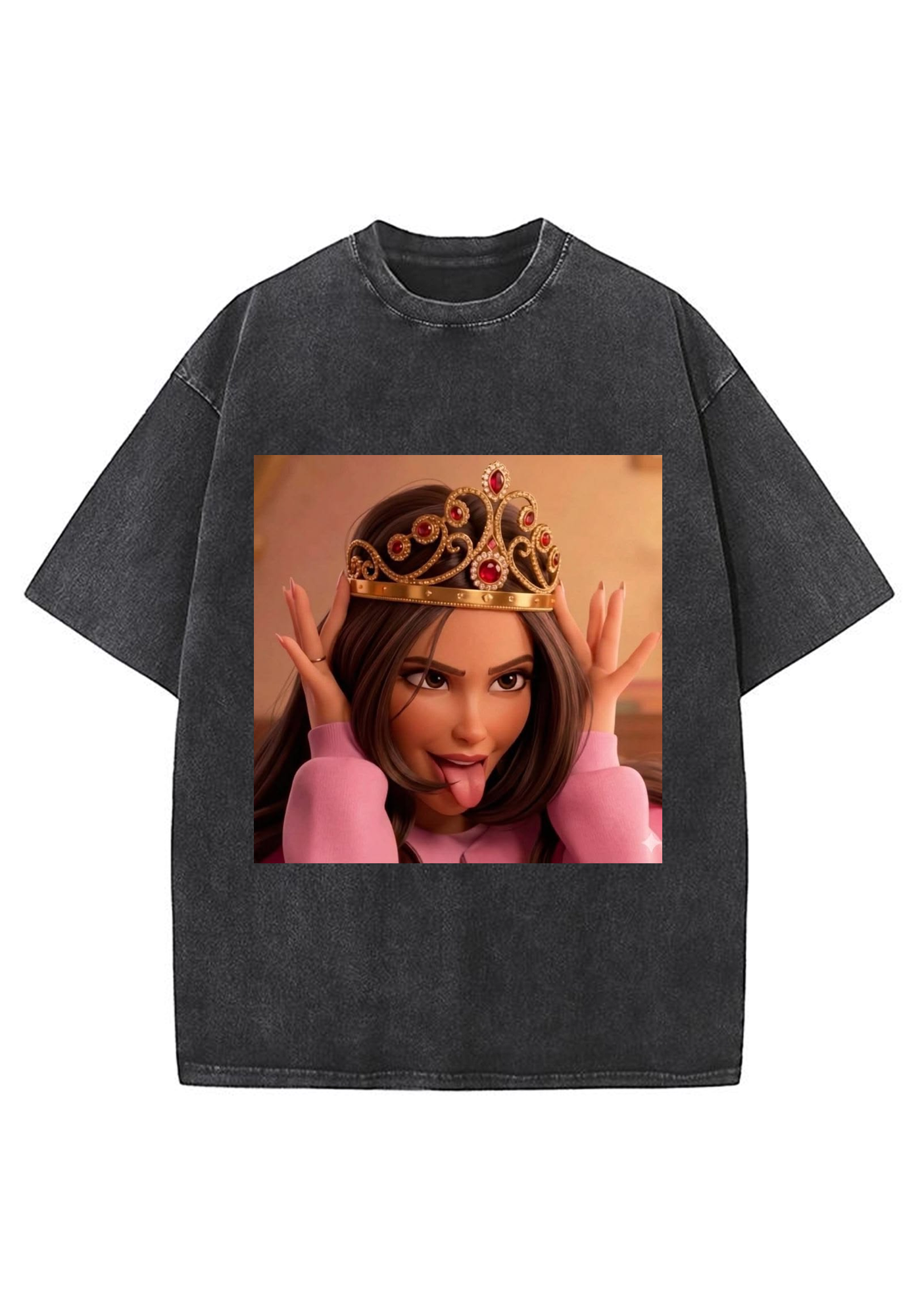 Sassy Crown Princess Tongue Out Cartoon Y2K Washed Tee