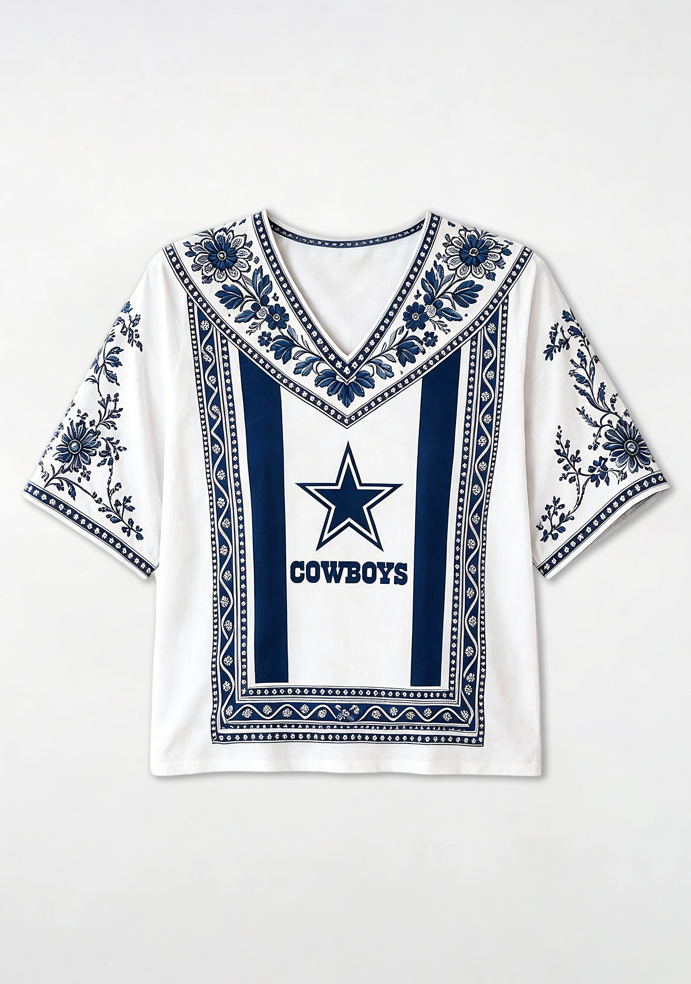 Boho Navy Floral Dallas Cowboys V-Neck Blouse