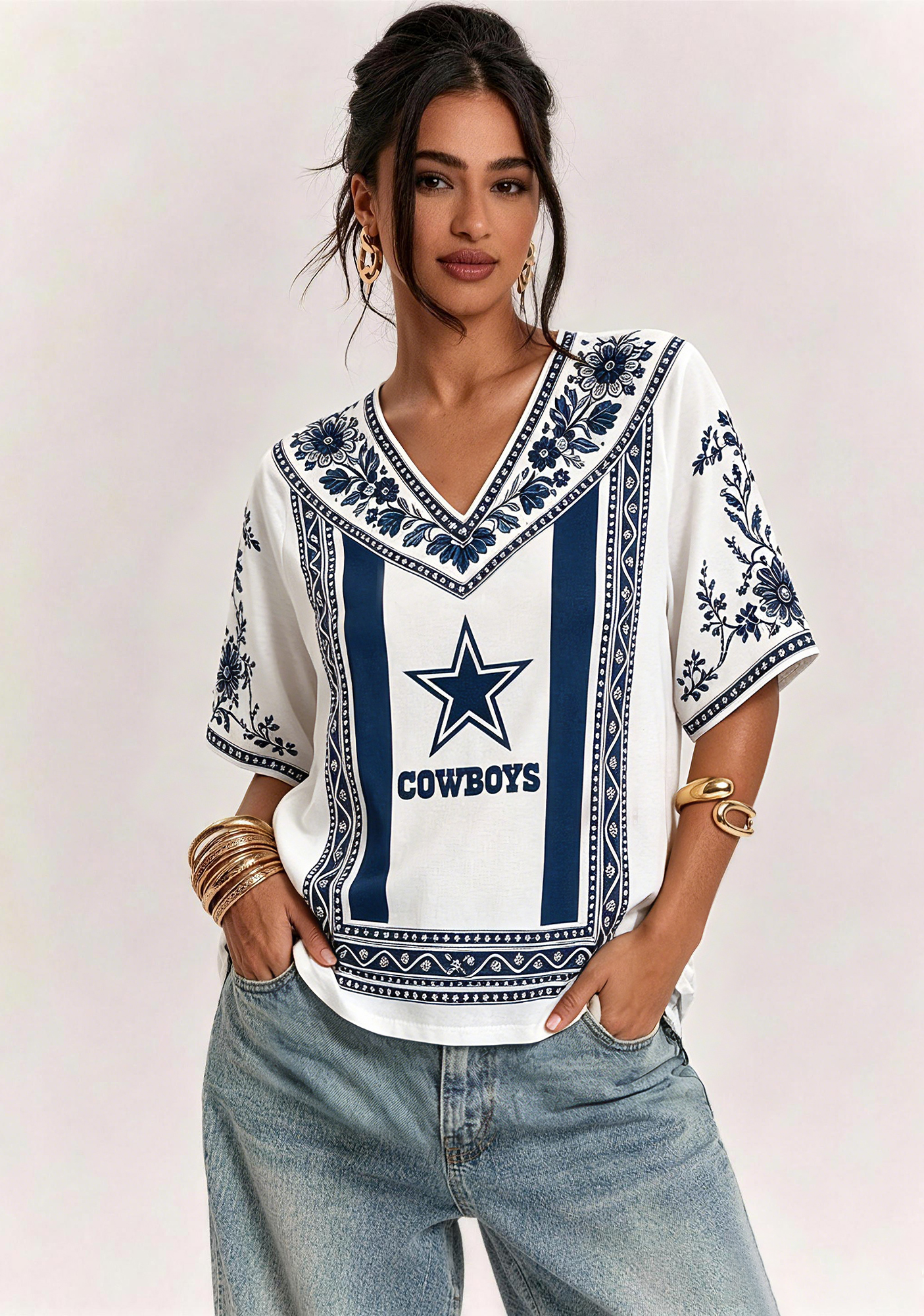 Boho Navy Floral Dallas Cowboys V-Neck Blouse