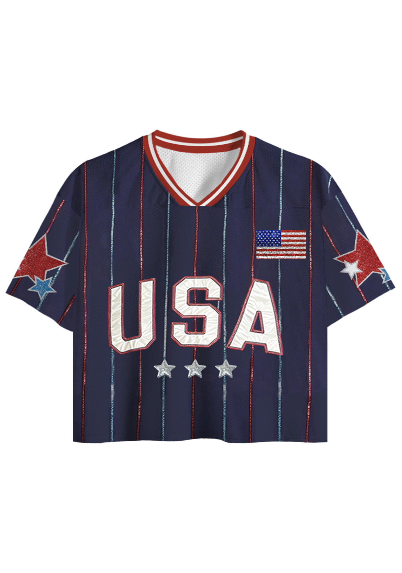 Glitter Star Striped USA Patriotic Cropped Mesh Jersey Shirt