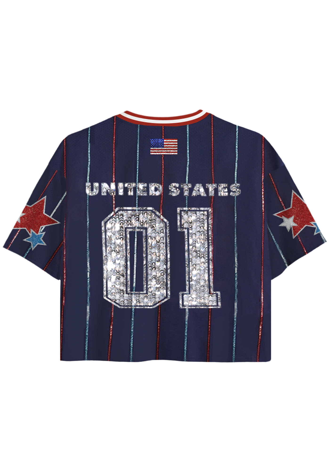 Glitter Star Striped USA Patriotic Cropped Mesh Jersey Shirt