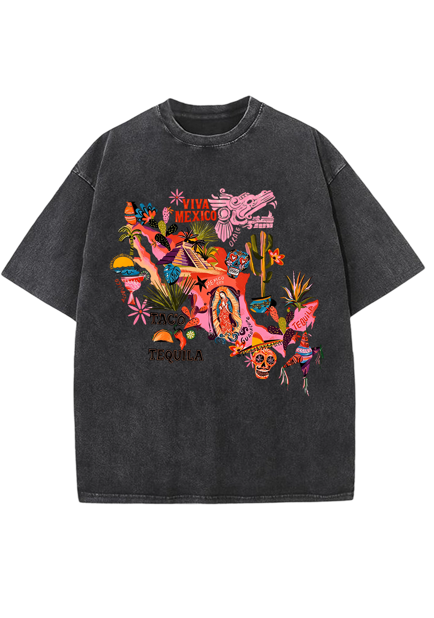 Viva Mexico Colorful Cultural Map Washed Tee