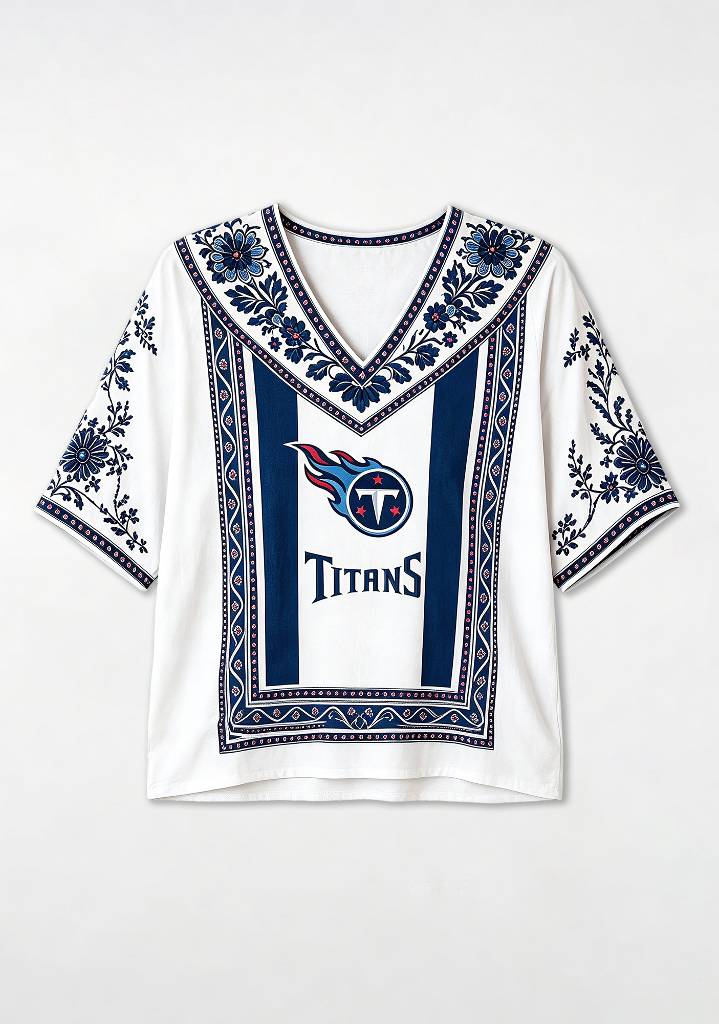 Boho Navy Floral Tennessee Titans V-Neck Blouse
