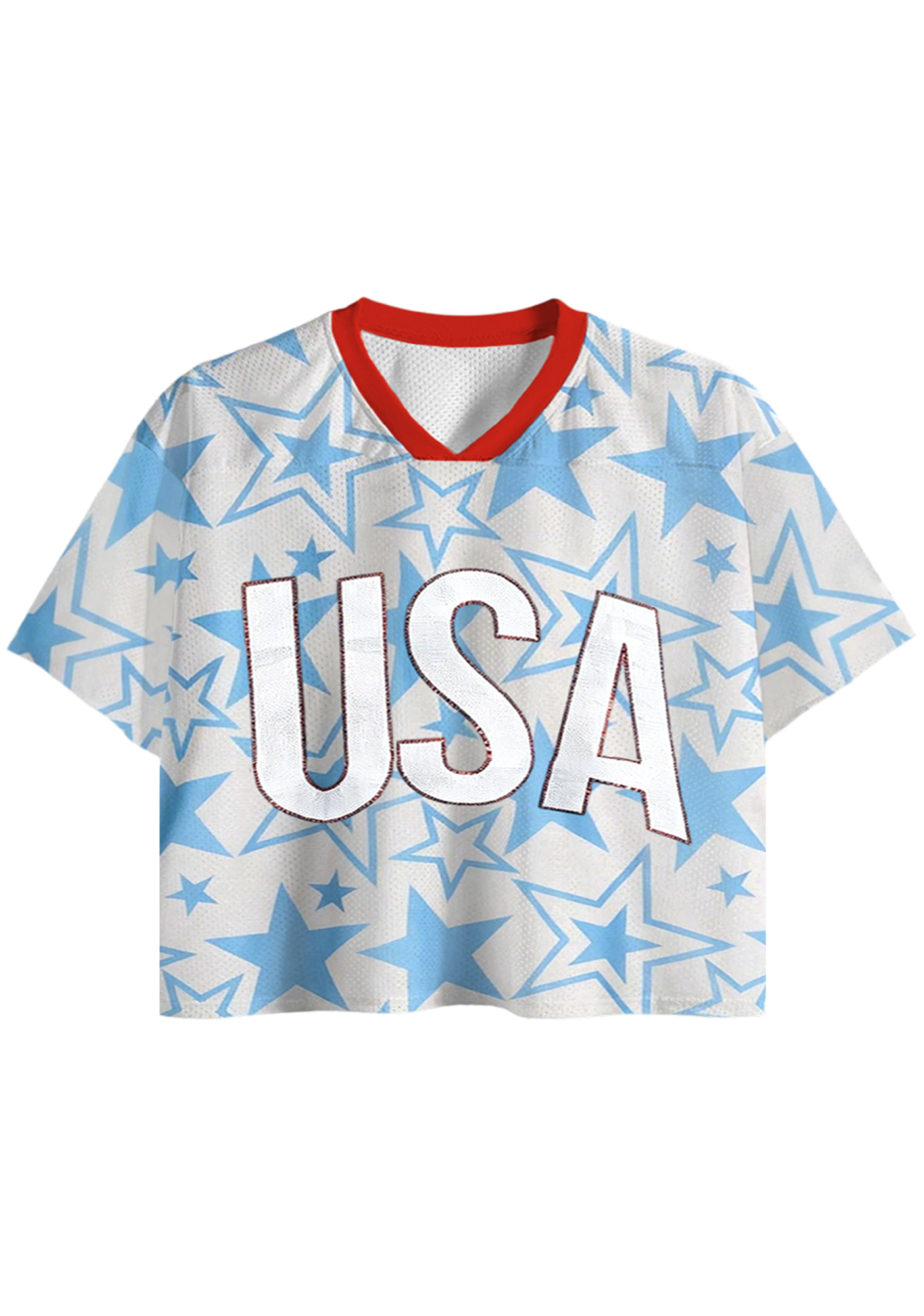 USA All Over Blue Star Print Cropped Mesh Jersey Shirt