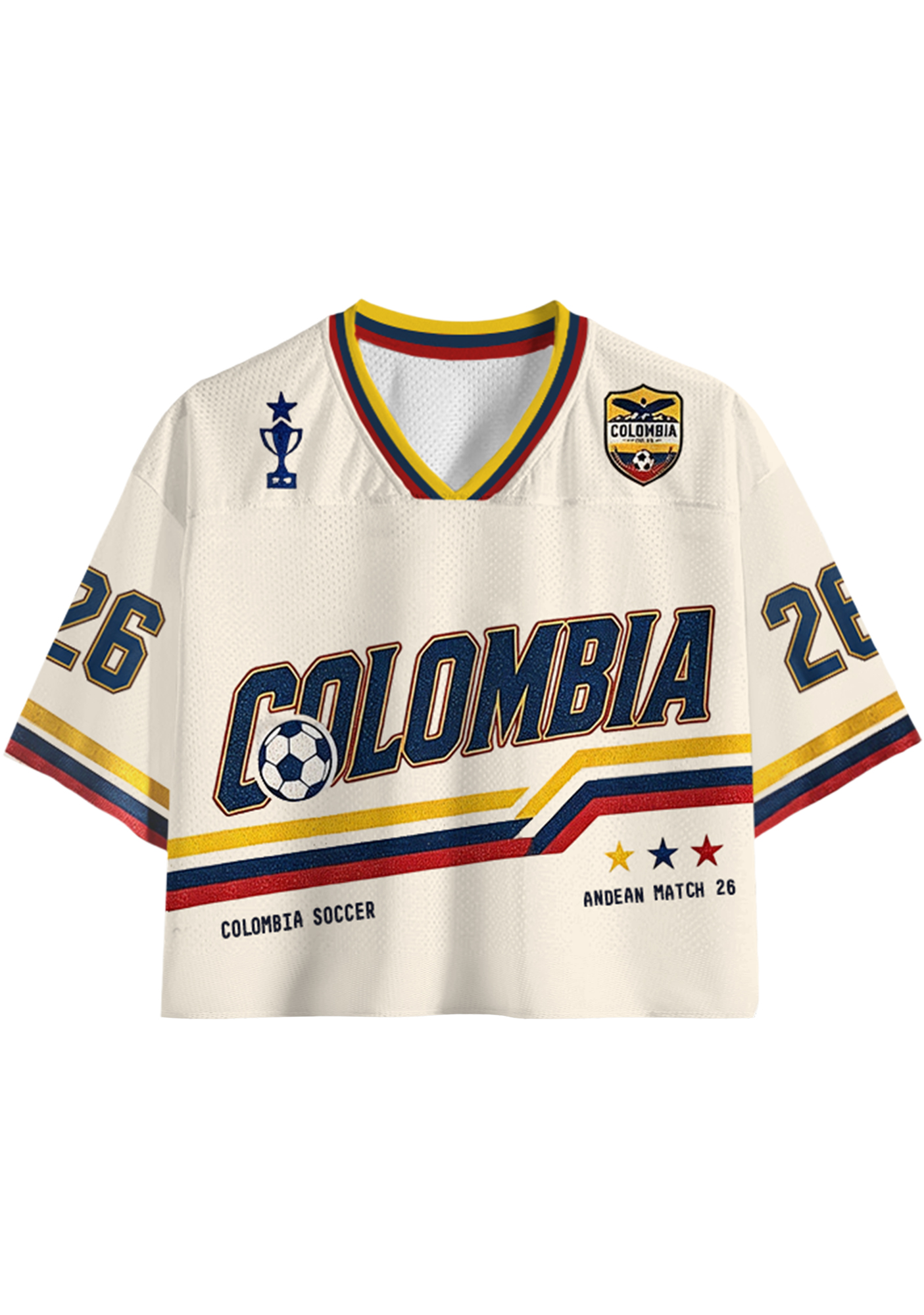 Retro Colombia Soccer Crest Striped Cropped Mesh Jersey Shirt