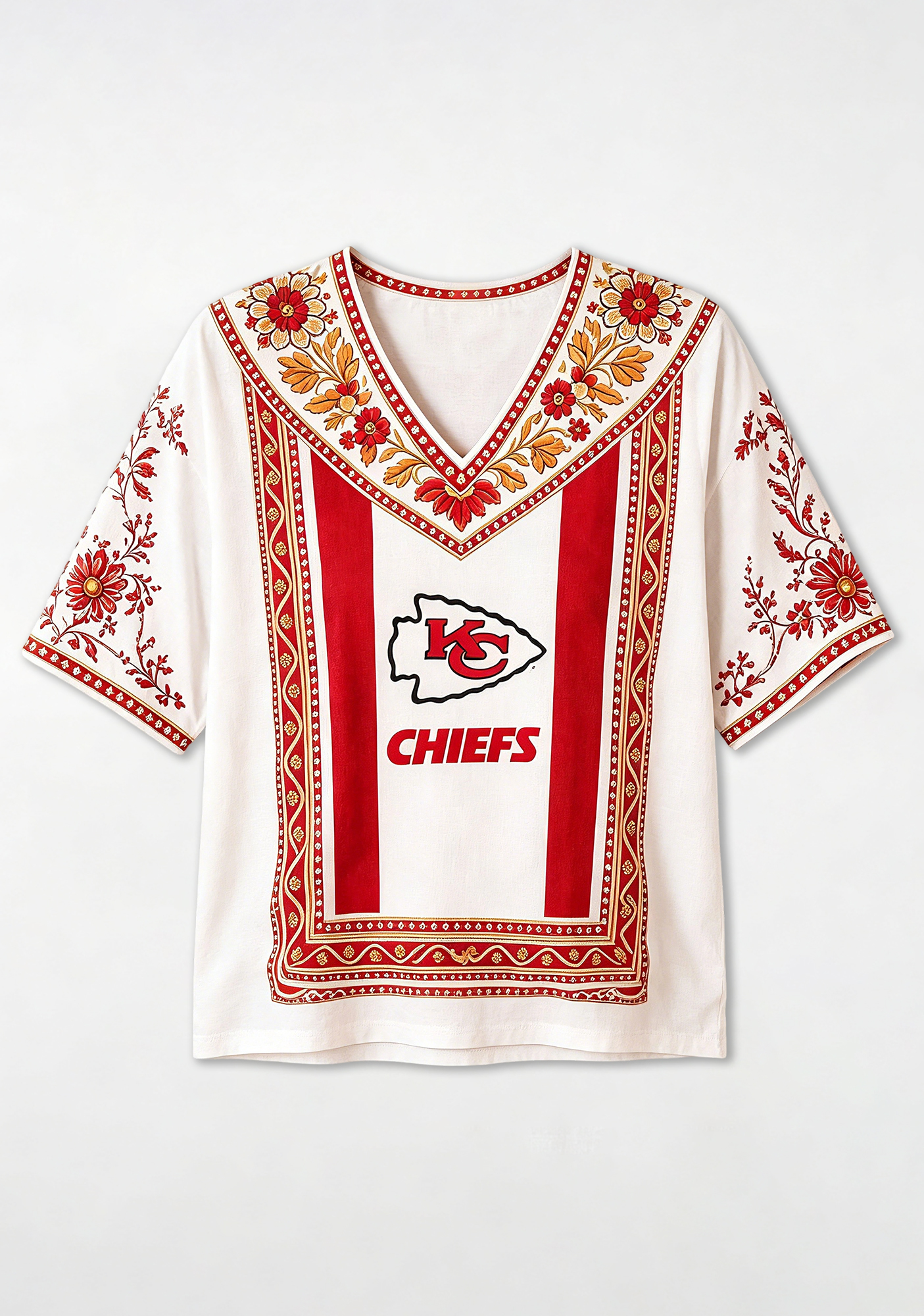 Boho Red Floral Kansas City Chiefs V-Neck Blouse