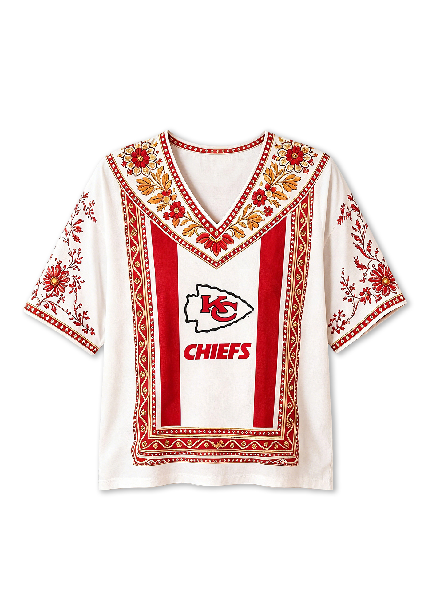Boho Red Floral Kansas City Chiefs V-Neck Blouse