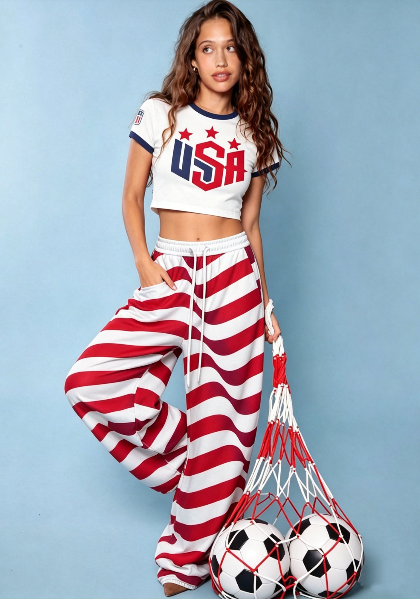 USA Stars Stripes Print Tops & Elasticated Trousers Two-Piece Set