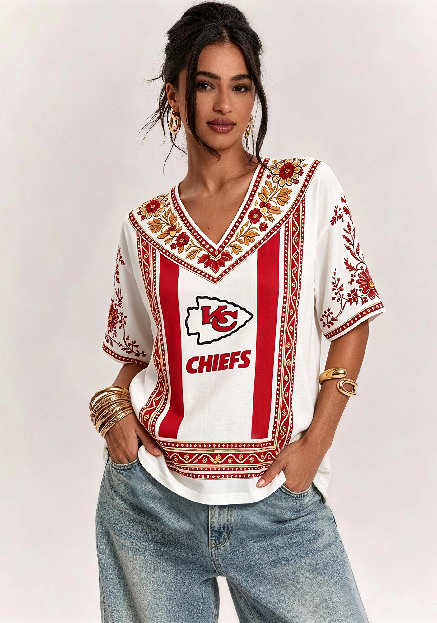 Boho Red Floral Kansas City Chiefs V-Neck Blouse