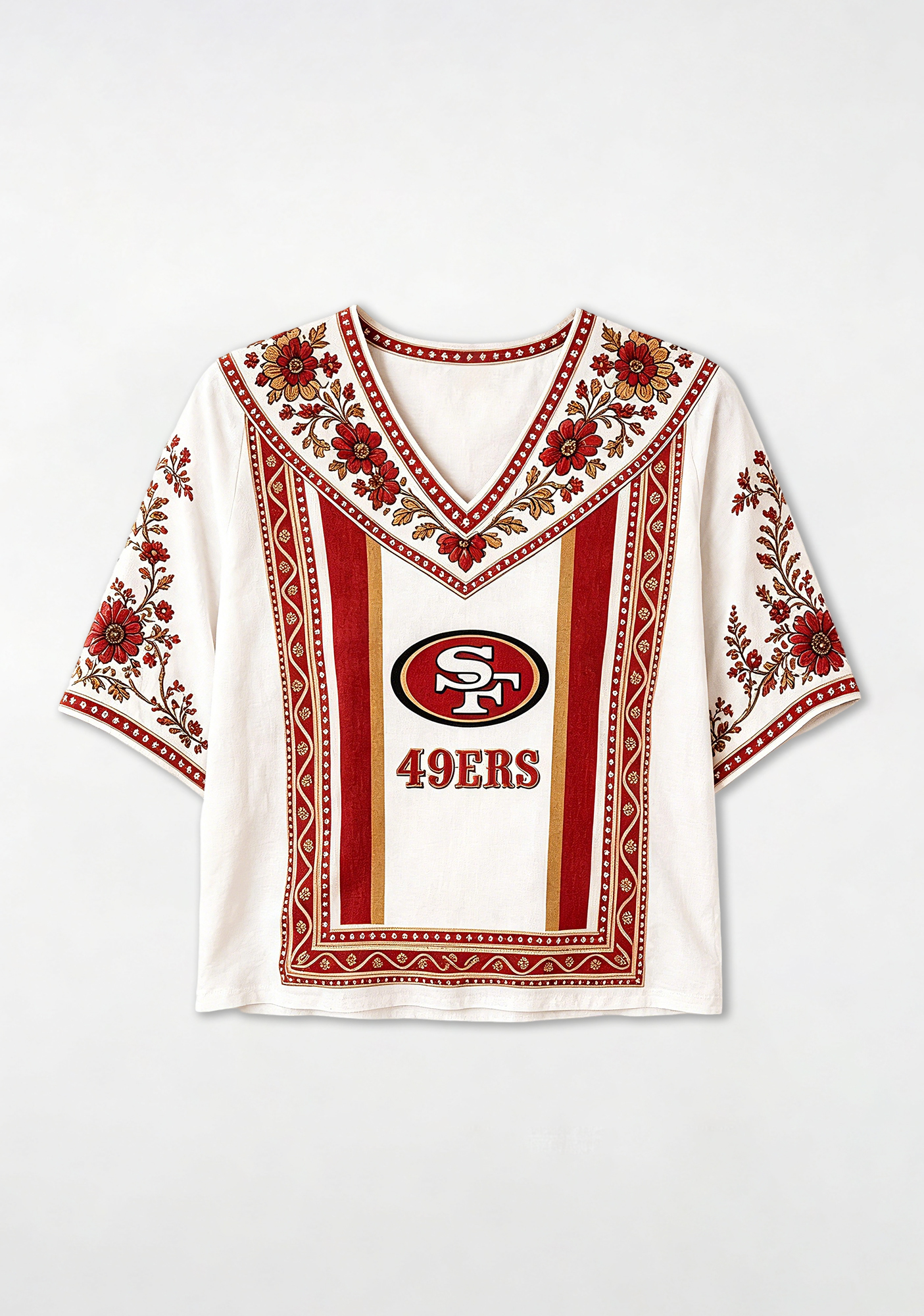 Boho Red Gold Floral San Francisco 49ers V-Neck Blouse