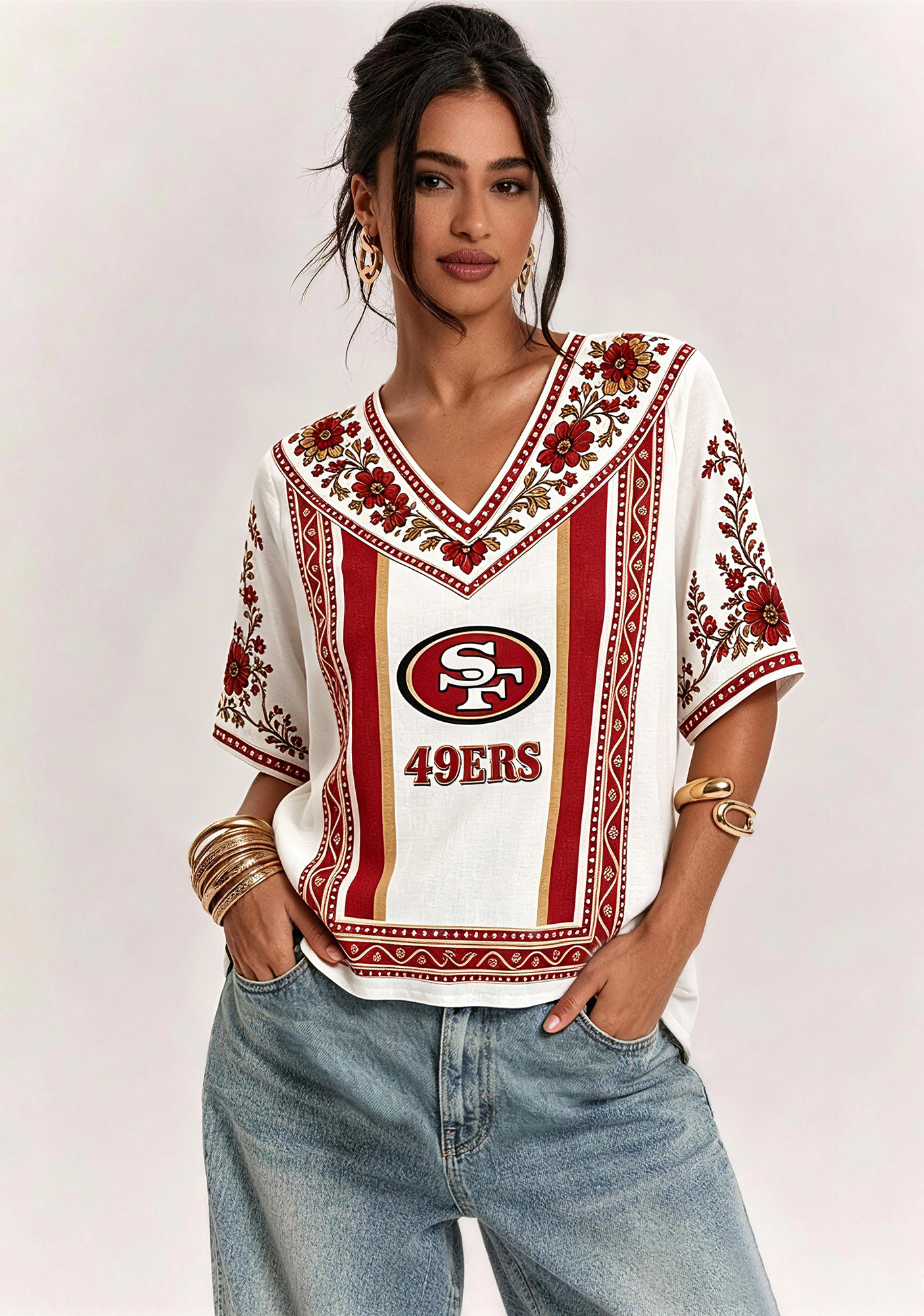 Boho Red Gold Floral San Francisco 49ers V-Neck Blouse