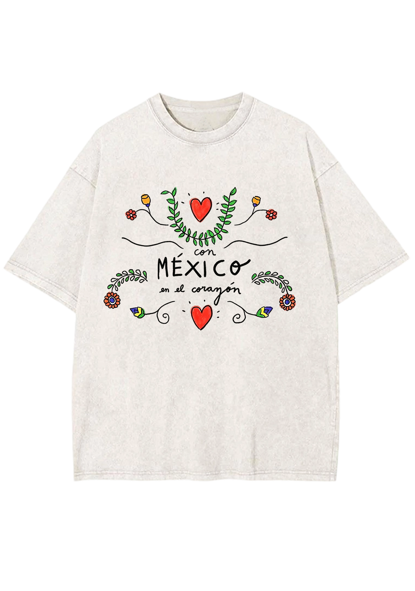 Mexico En El Corazón Floral Heart Script Washed Tee
